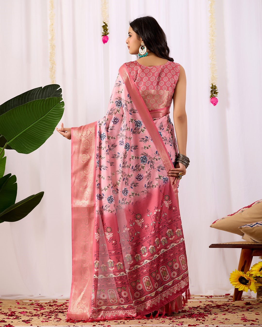 Pink Soft Lichi Silk Saree With Digital Printed Premium Classic Saree