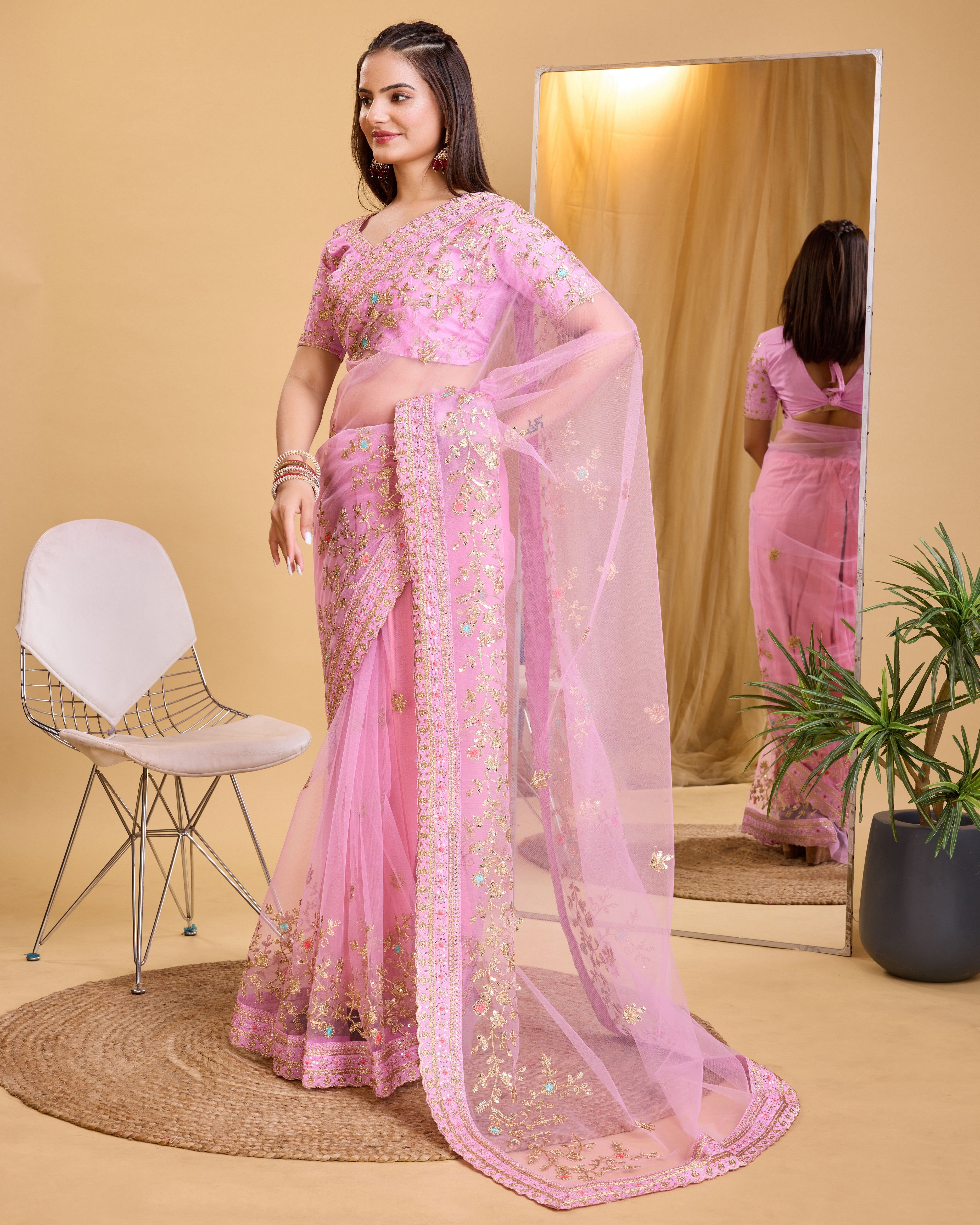 Pink Soft Net Designer Embroidery Work Bollywood Style Saree