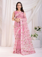 Pink Soft Net Designer Thread Embroidery Work Girlie Partywear Saree
