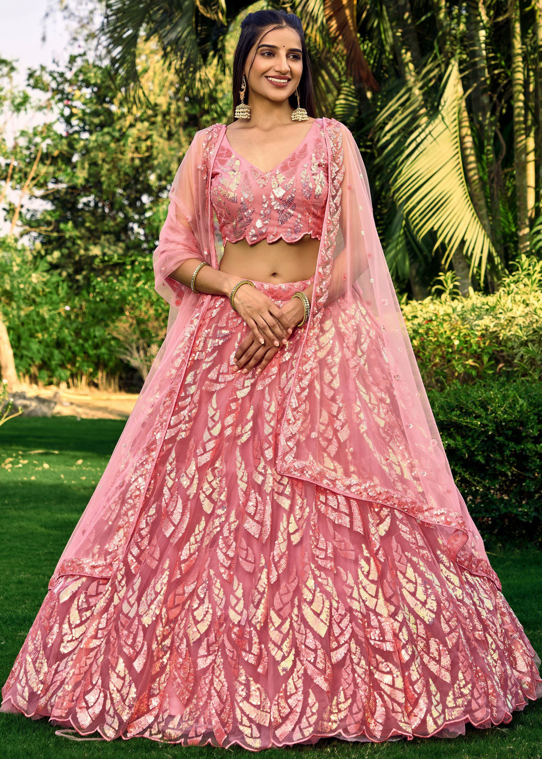 Pink Soft Net Lehenga Choli With Multiple Sequins, Thread Embroidery Work