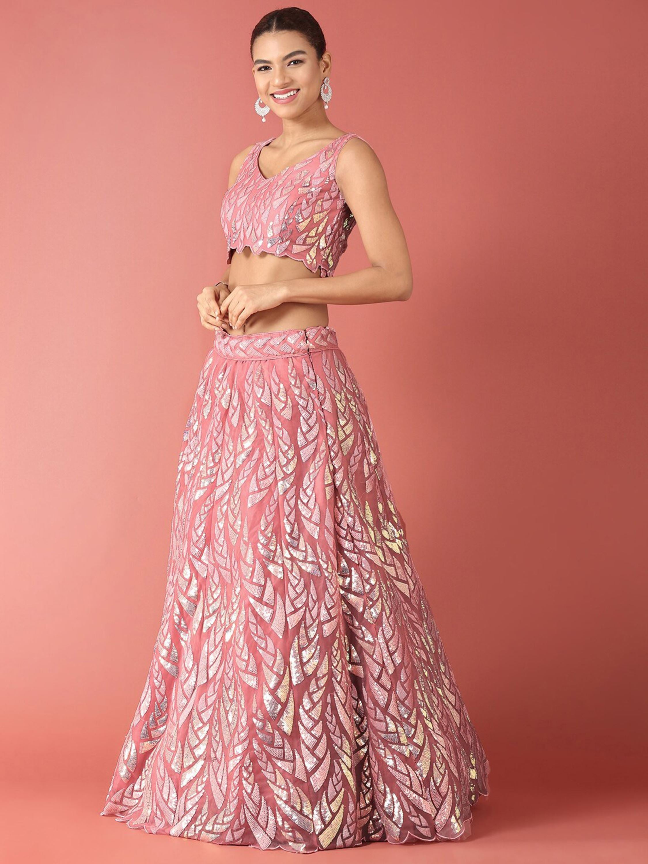 Pink Soft Net Lehenga Choli With Multiple Sequins, Thread Embroidery Work