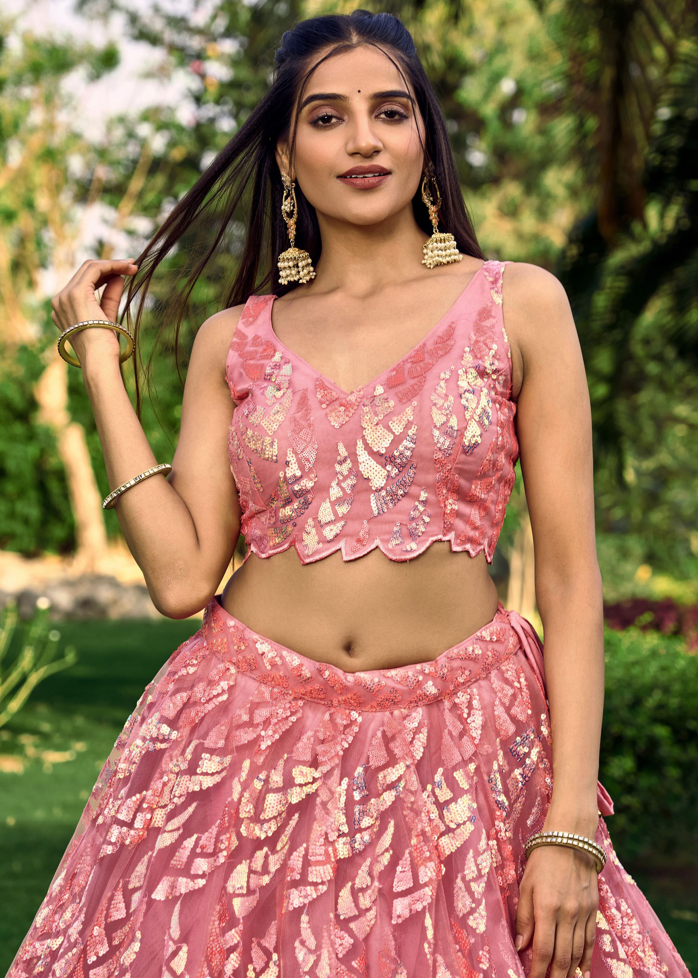 Pink Soft Net Lehenga Choli With Multiple Sequins, Thread Embroidery Work