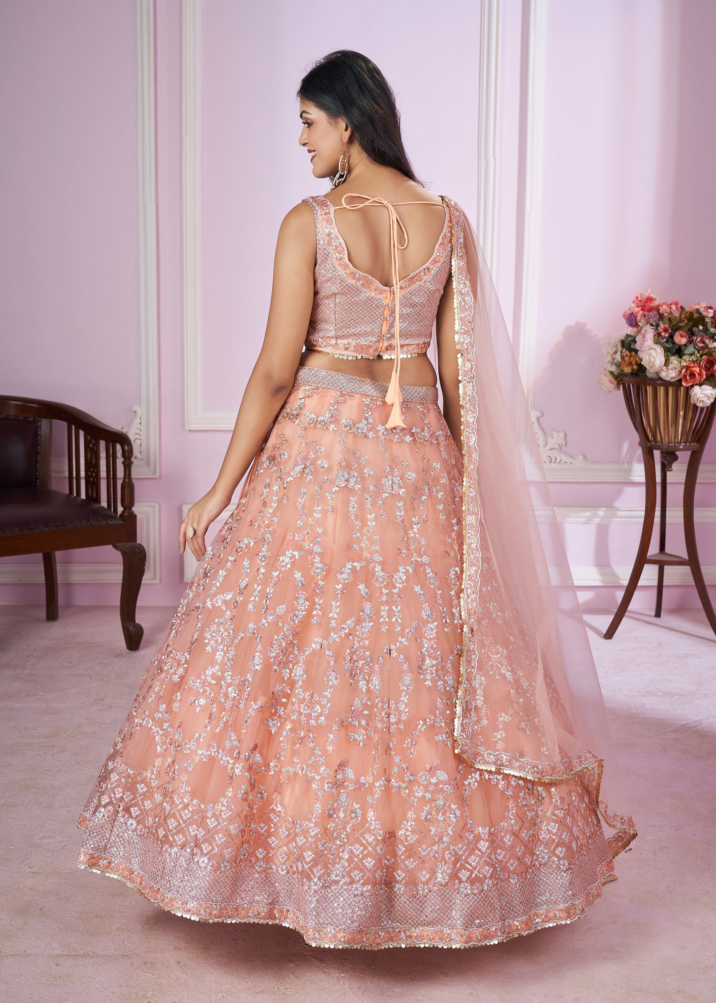 Pink Soft Net Lehenga Choli With Sequins, Thread, Badla Zari Embroidery