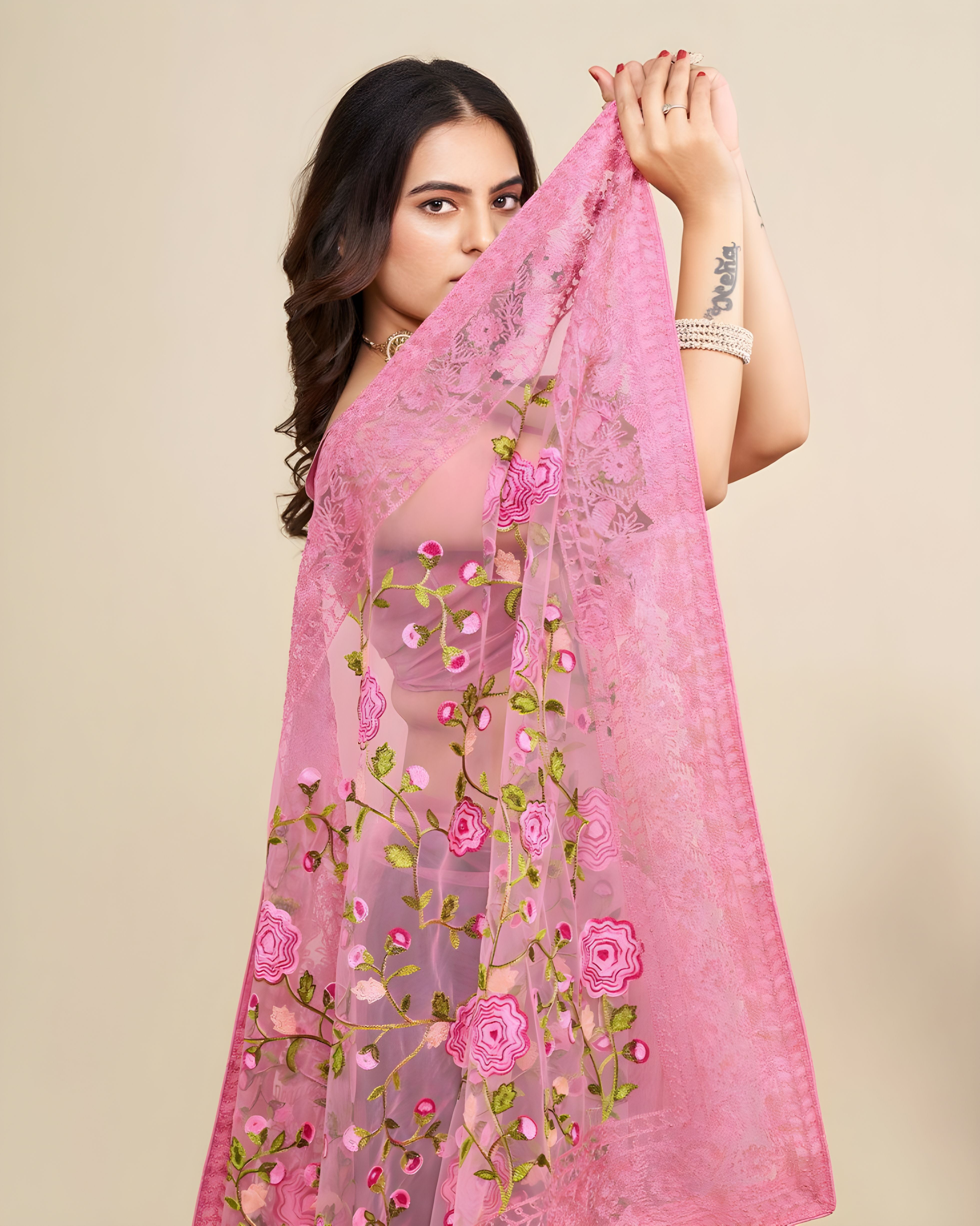Pink Soft Net Saree with C Pallu Chikankari Embroidery Work