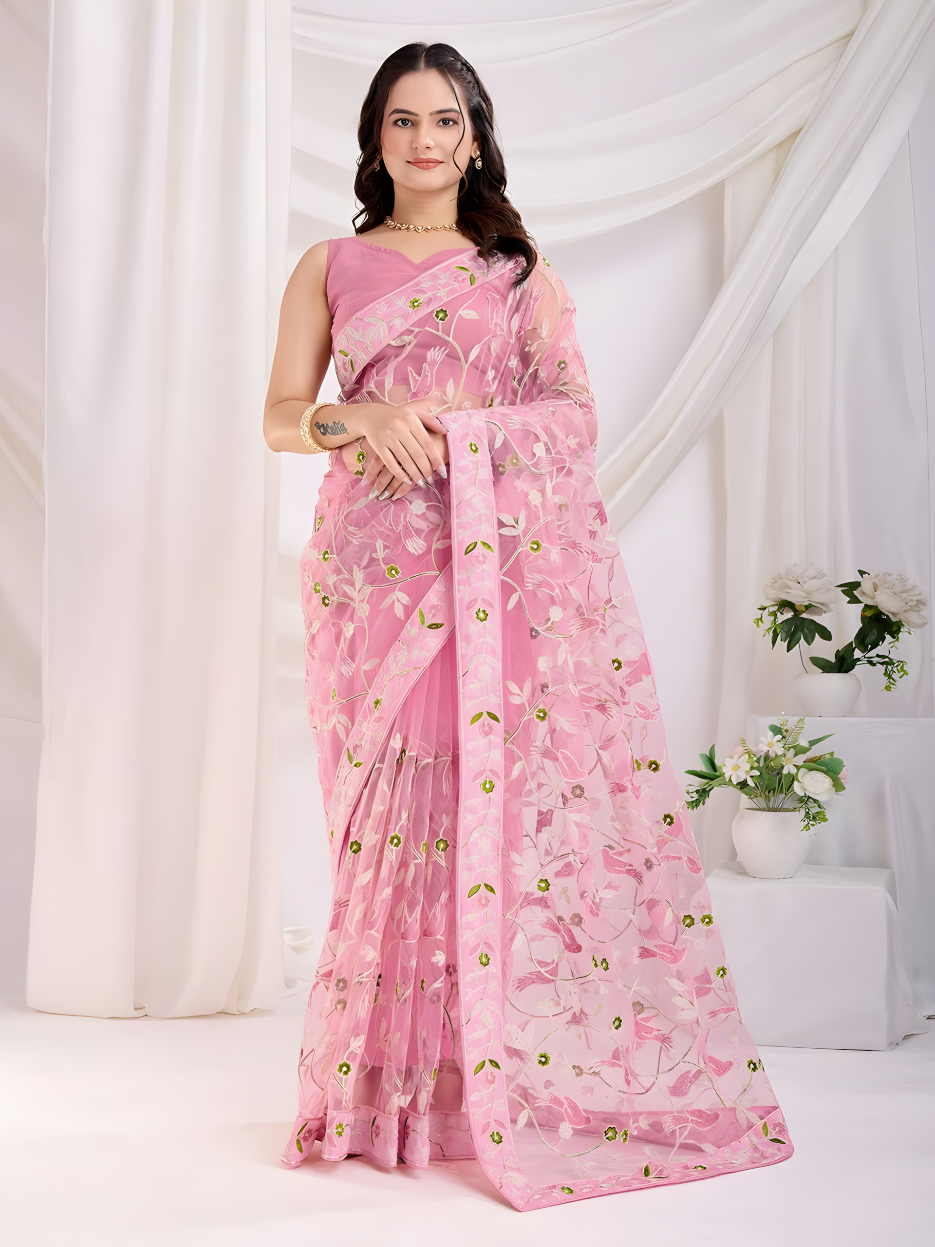 Pink Soft Net Saree with C Pallu Embroidery with sequins  Work