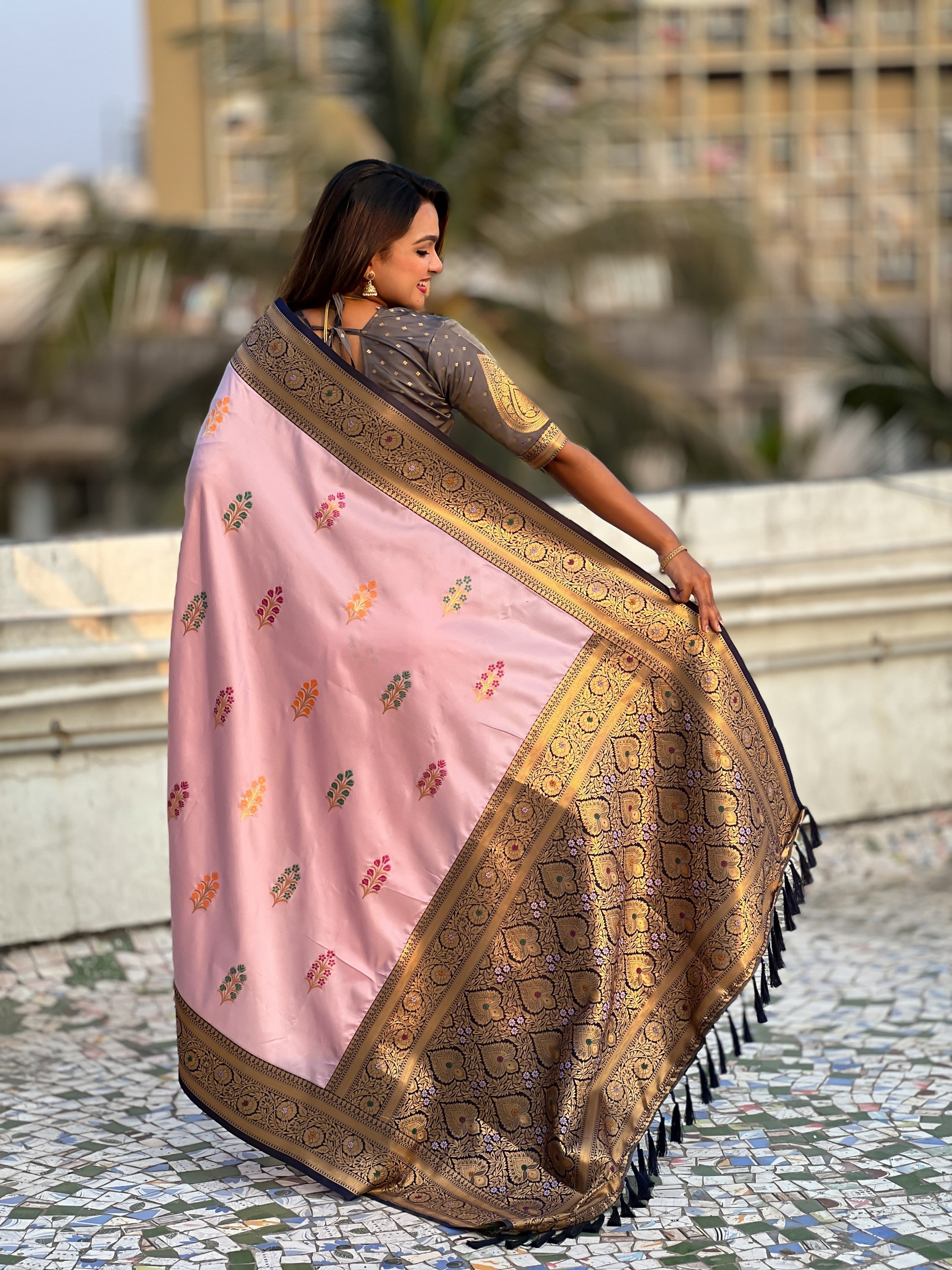 Pink Soft Silk Woven Meenakari Designer Heavy Ceremonial Saree