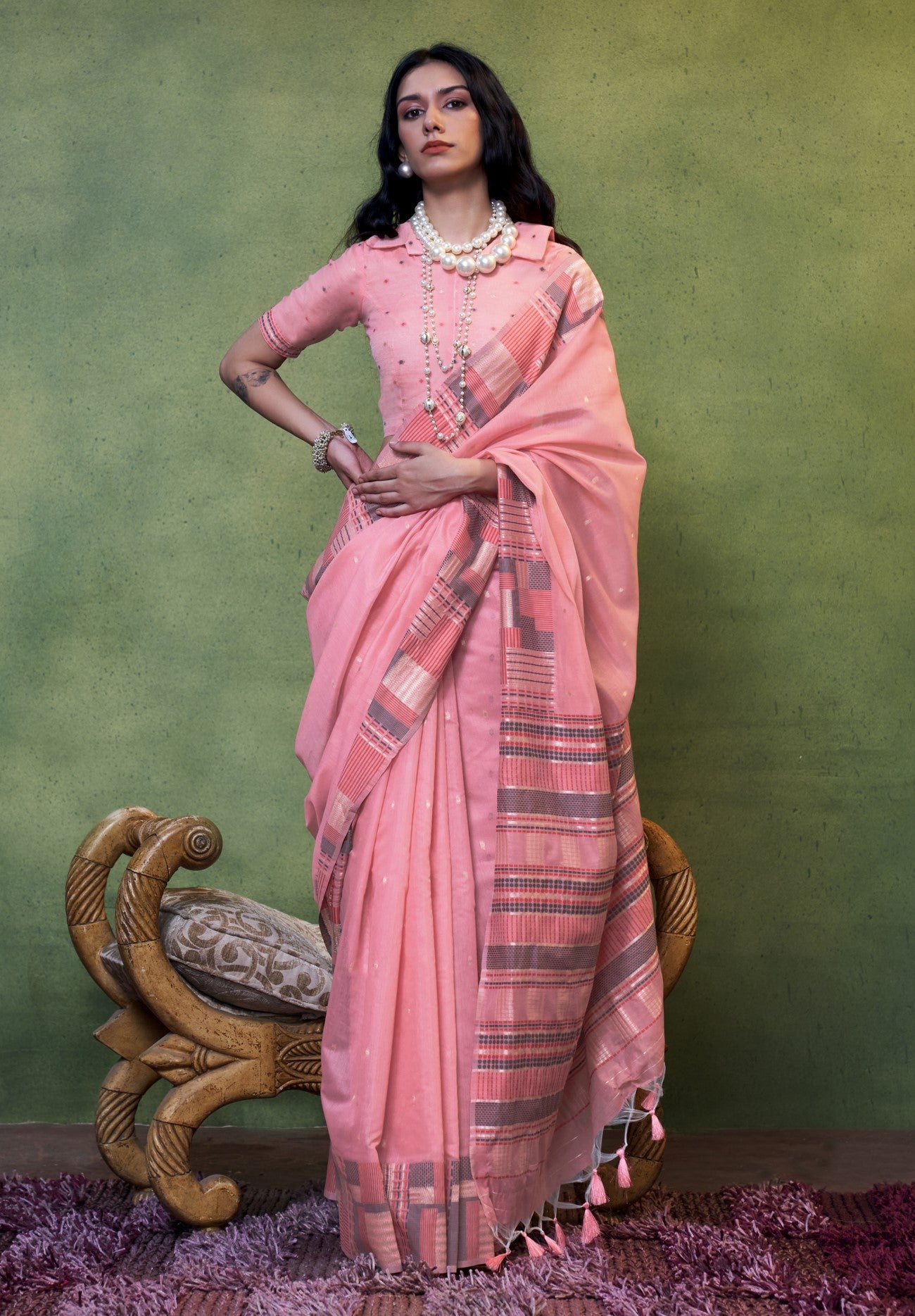 Pink Spun Cotton Saree With  Jacquard Woven Work