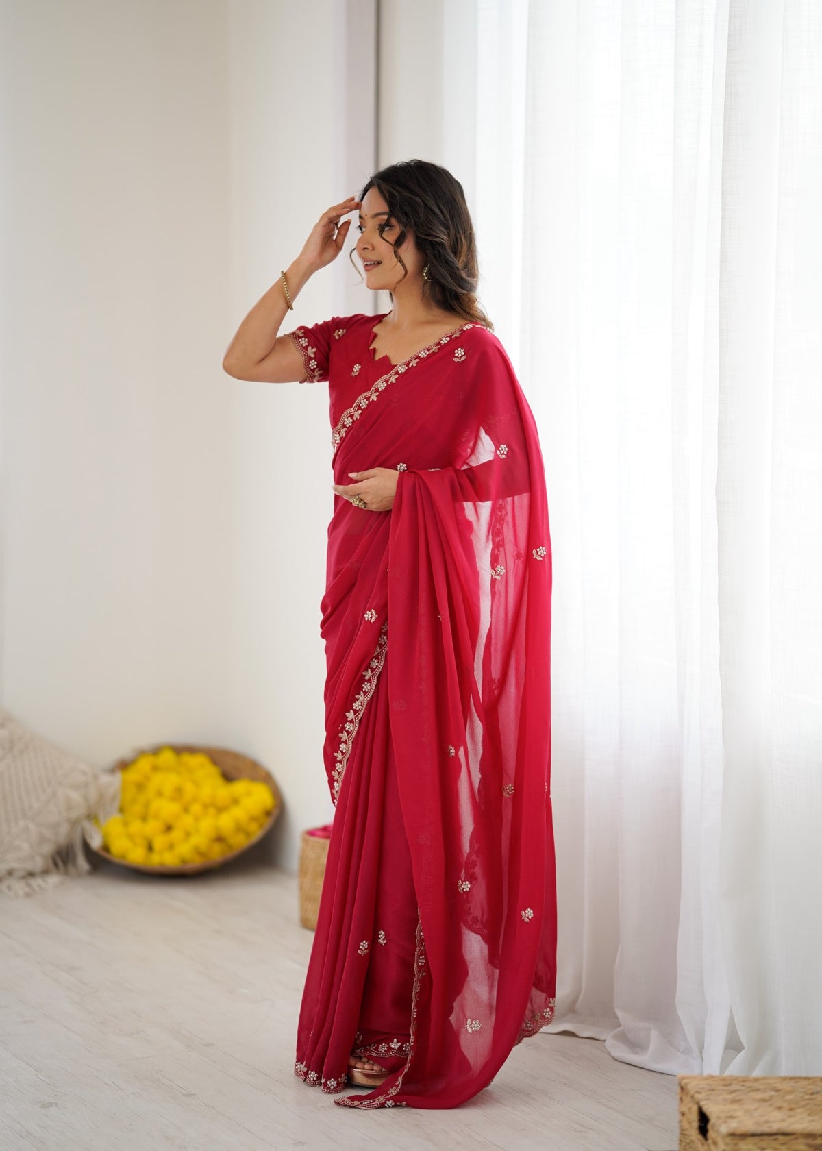 Pink Star Georgette Saree With Embroidery And Moti Work With Blouse