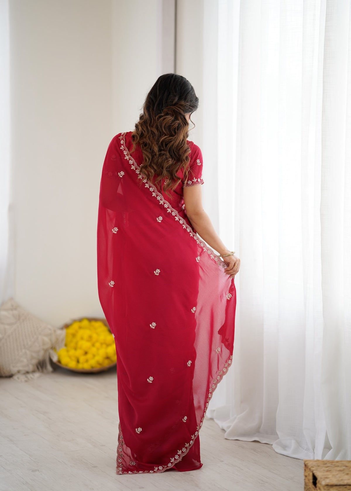 Pink Star Georgette Saree With Embroidery And Moti Work With Blouse