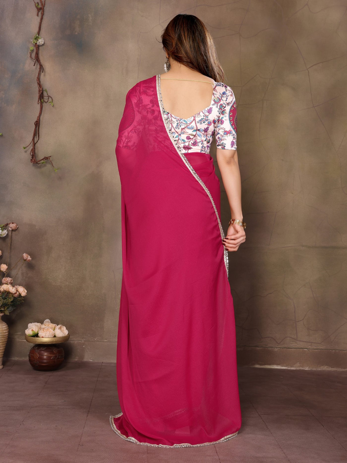 Pink Star Georgette Saree With Mirror Border Design