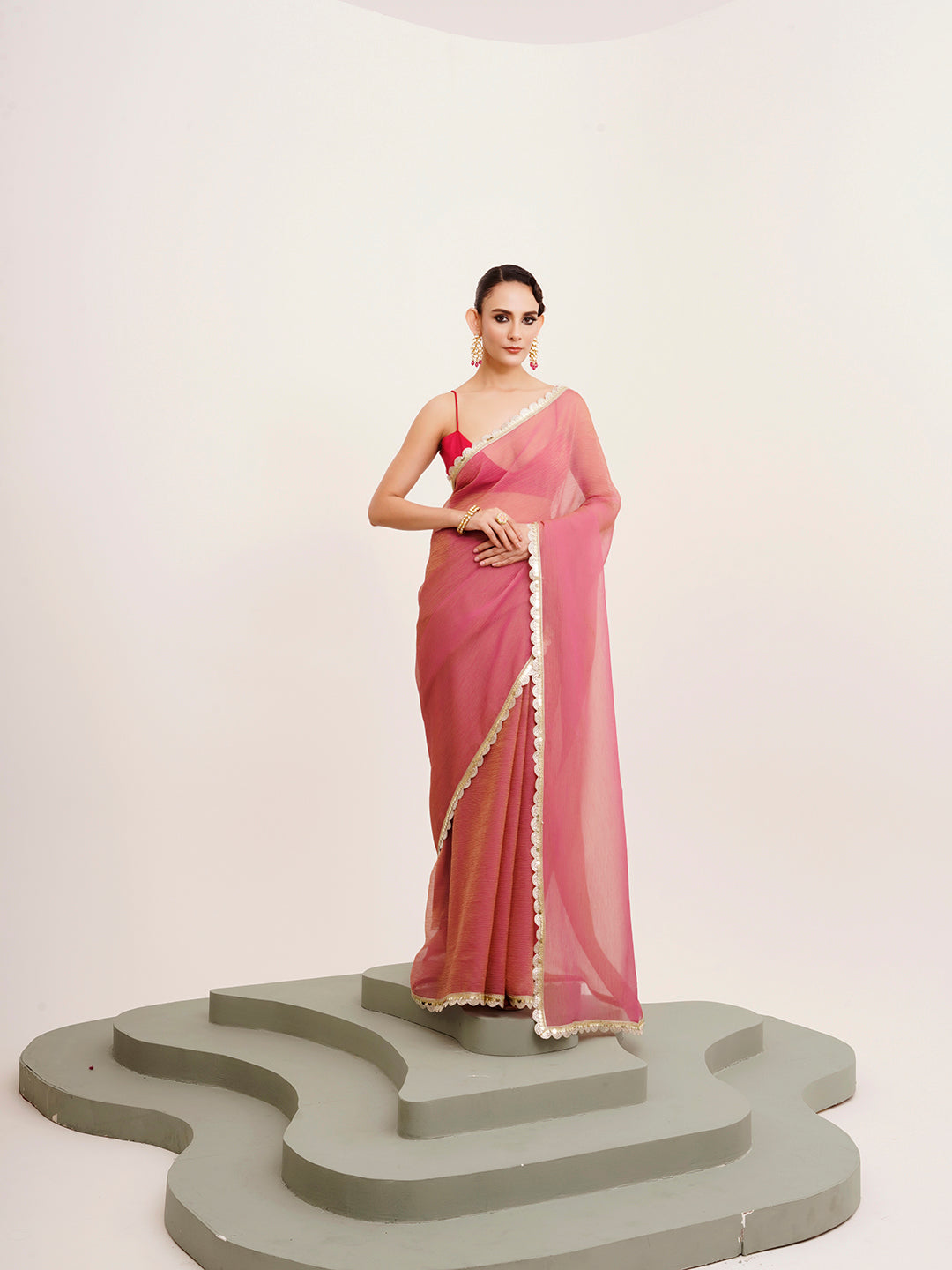 Pink Tissue Embellished Sequinned Work Fancy Saree