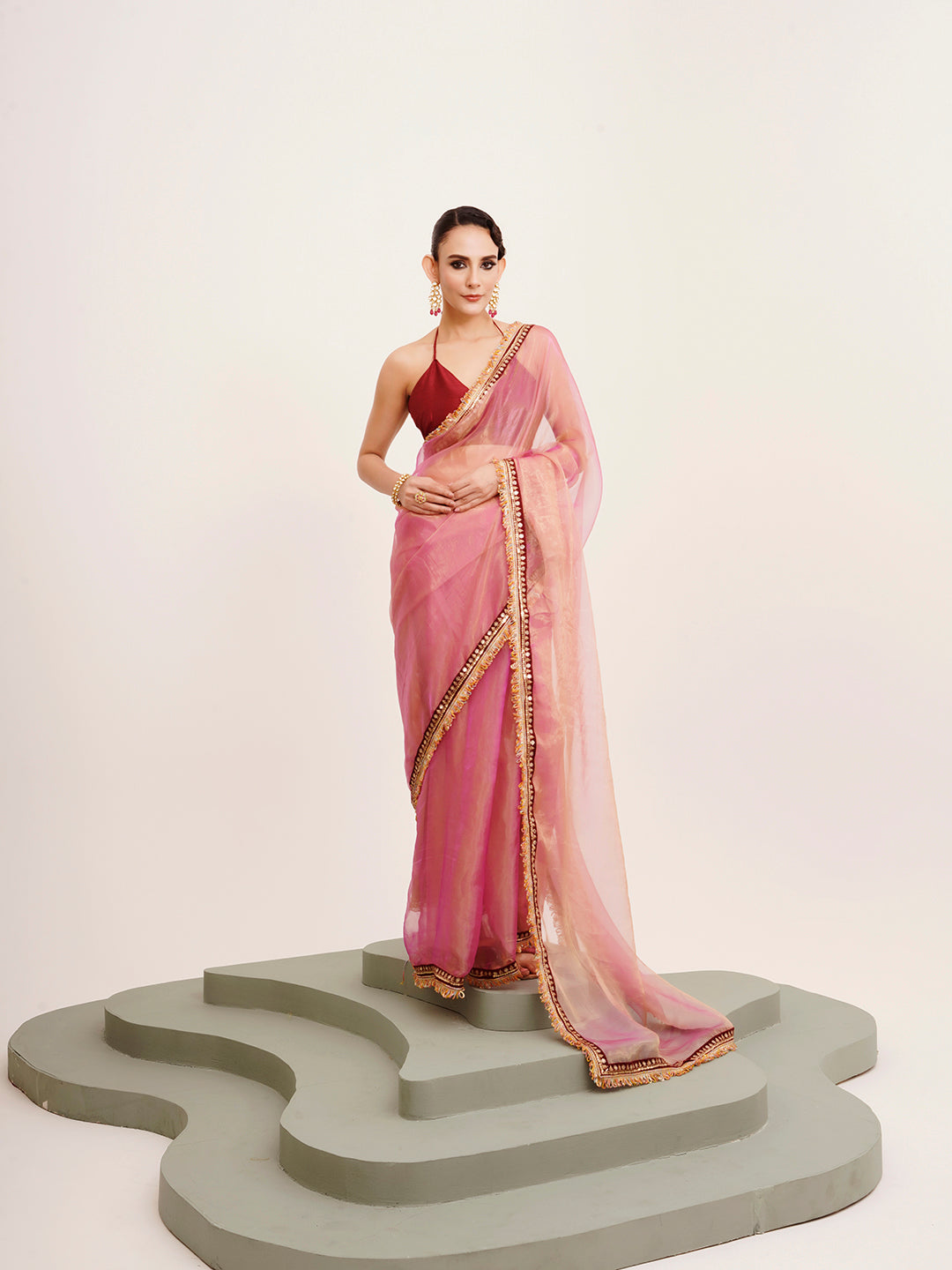 Pink Tissue Embellished Sequinned Work Fancy Saree
