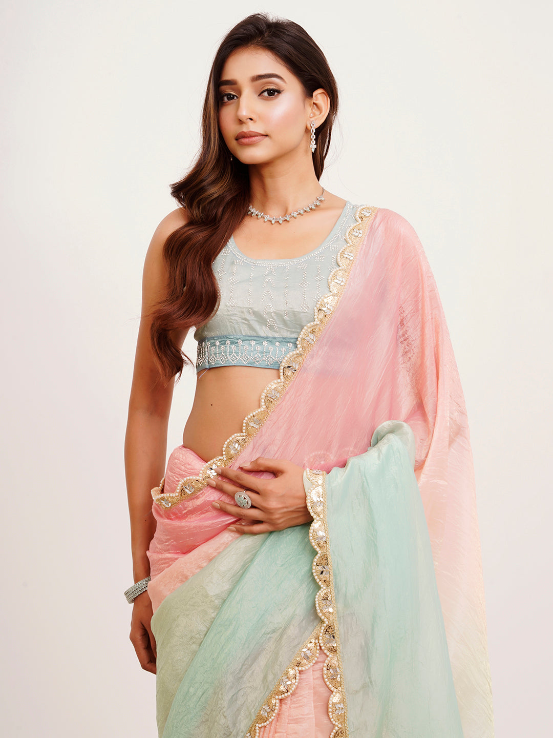Pink Tissue Embellished Sequinned Work Fancy Saree