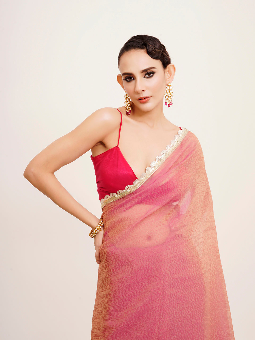 Pink Tissue Embellished Sequinned Work Fancy Saree
