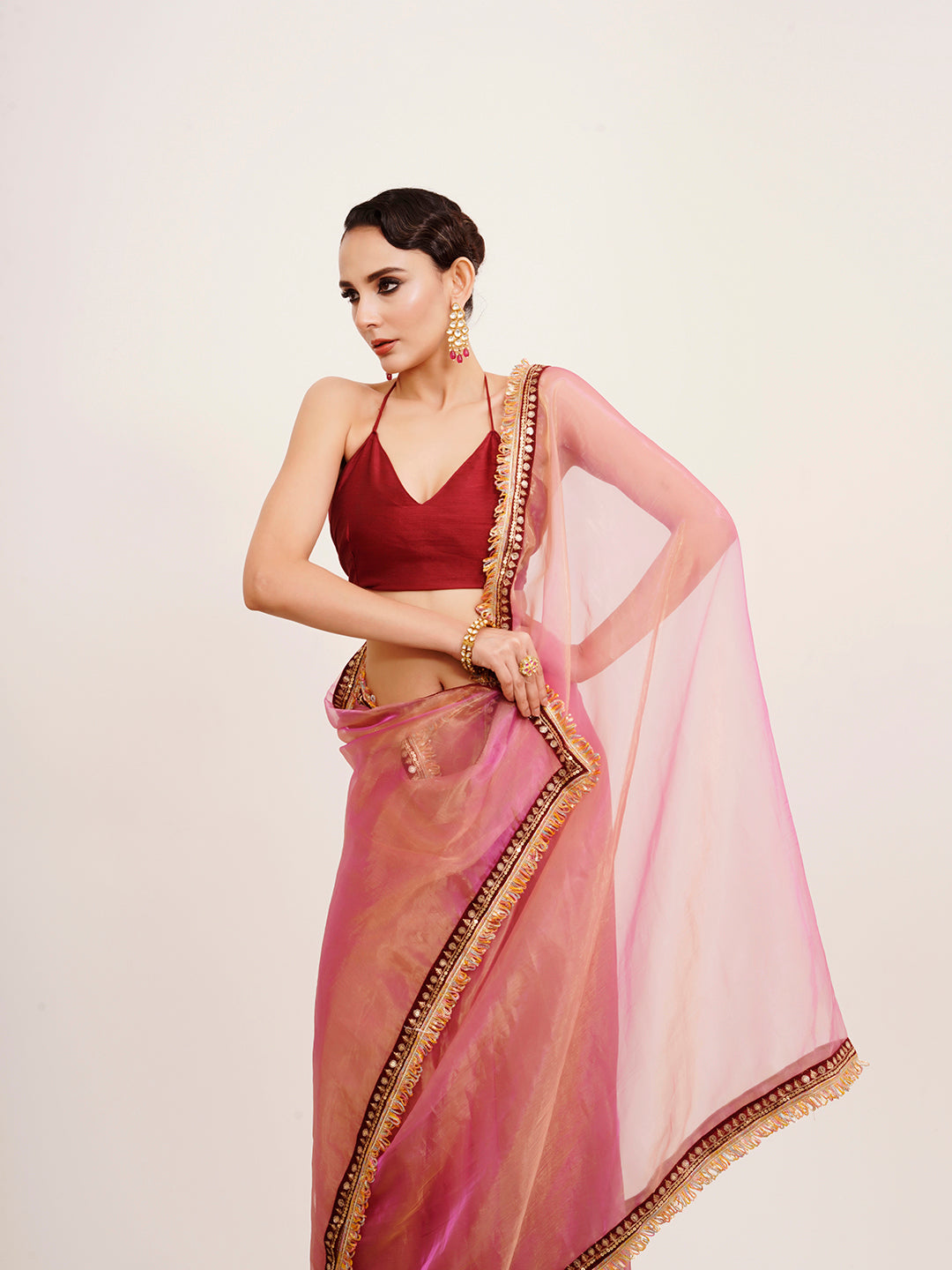 Pink Tissue Embellished Sequinned Work Fancy Saree