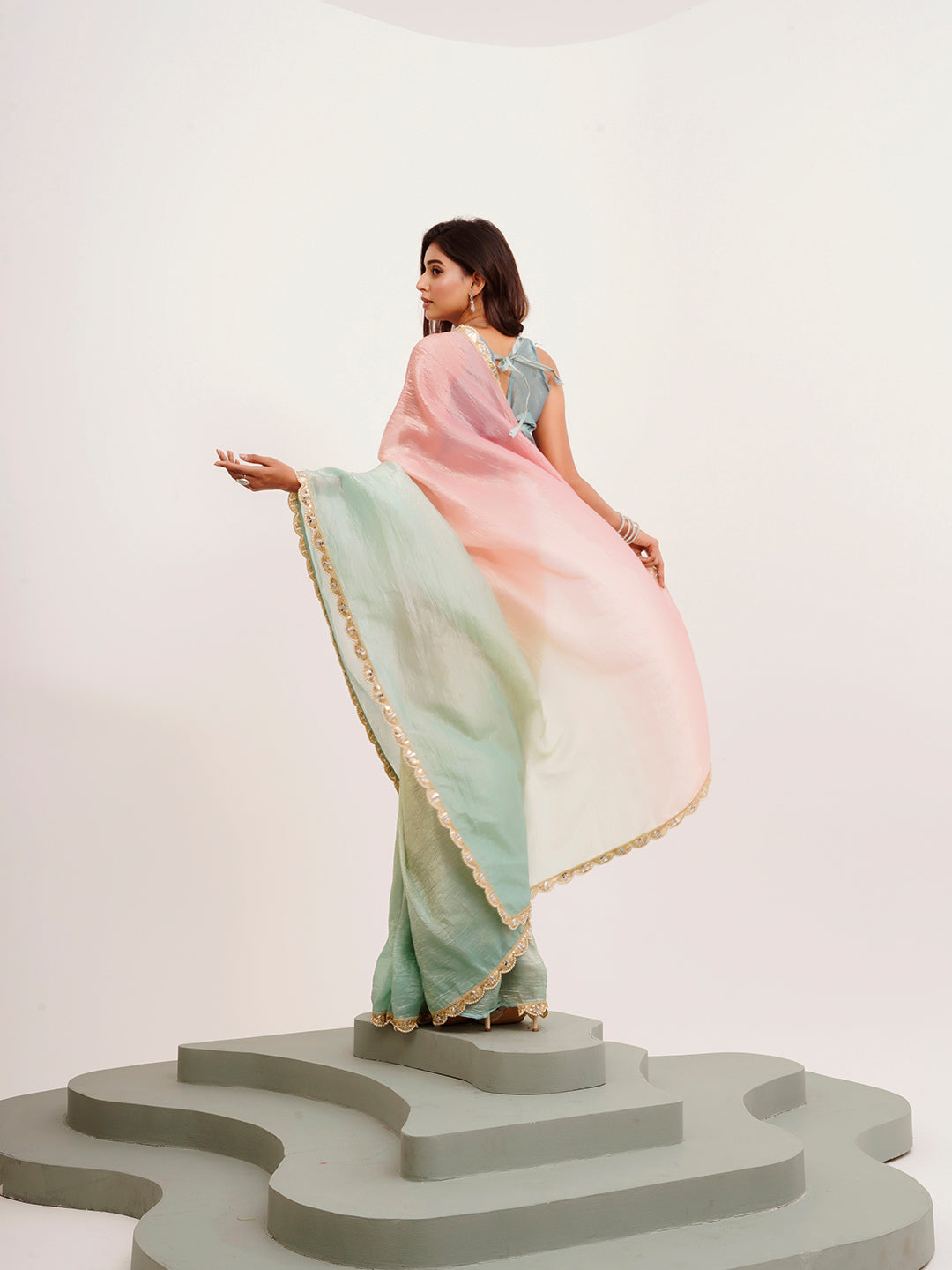 Pink Tissue Embellished Sequinned Work Fancy Saree