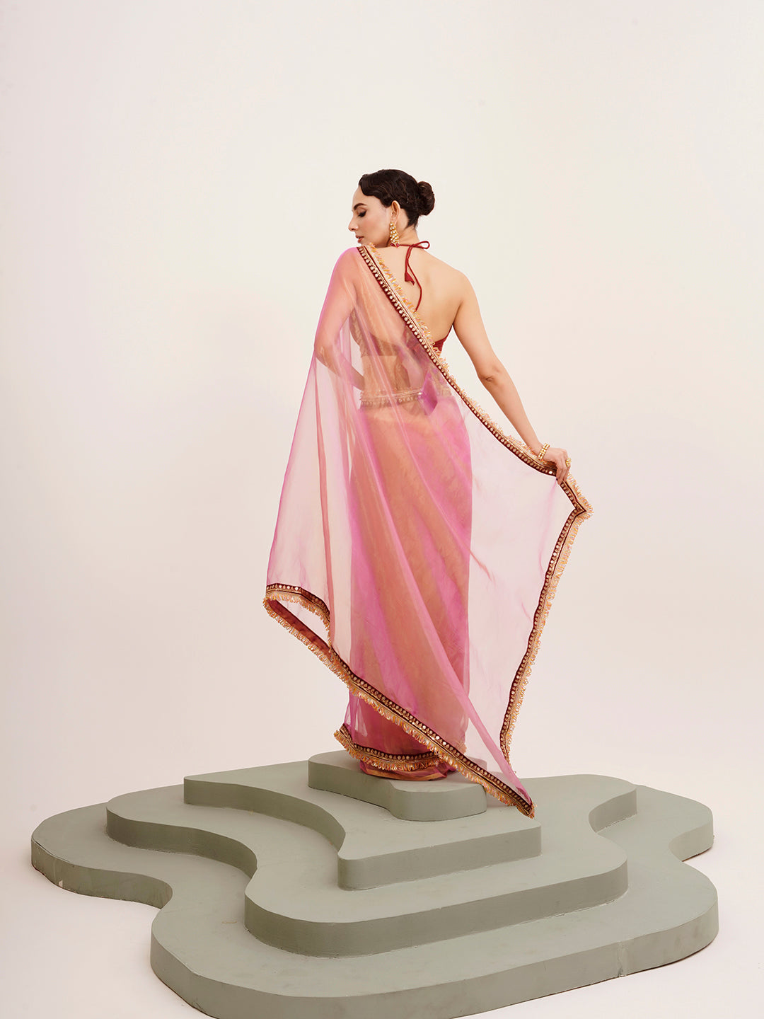 Pink Tissue Embellished Sequinned Work Fancy Saree