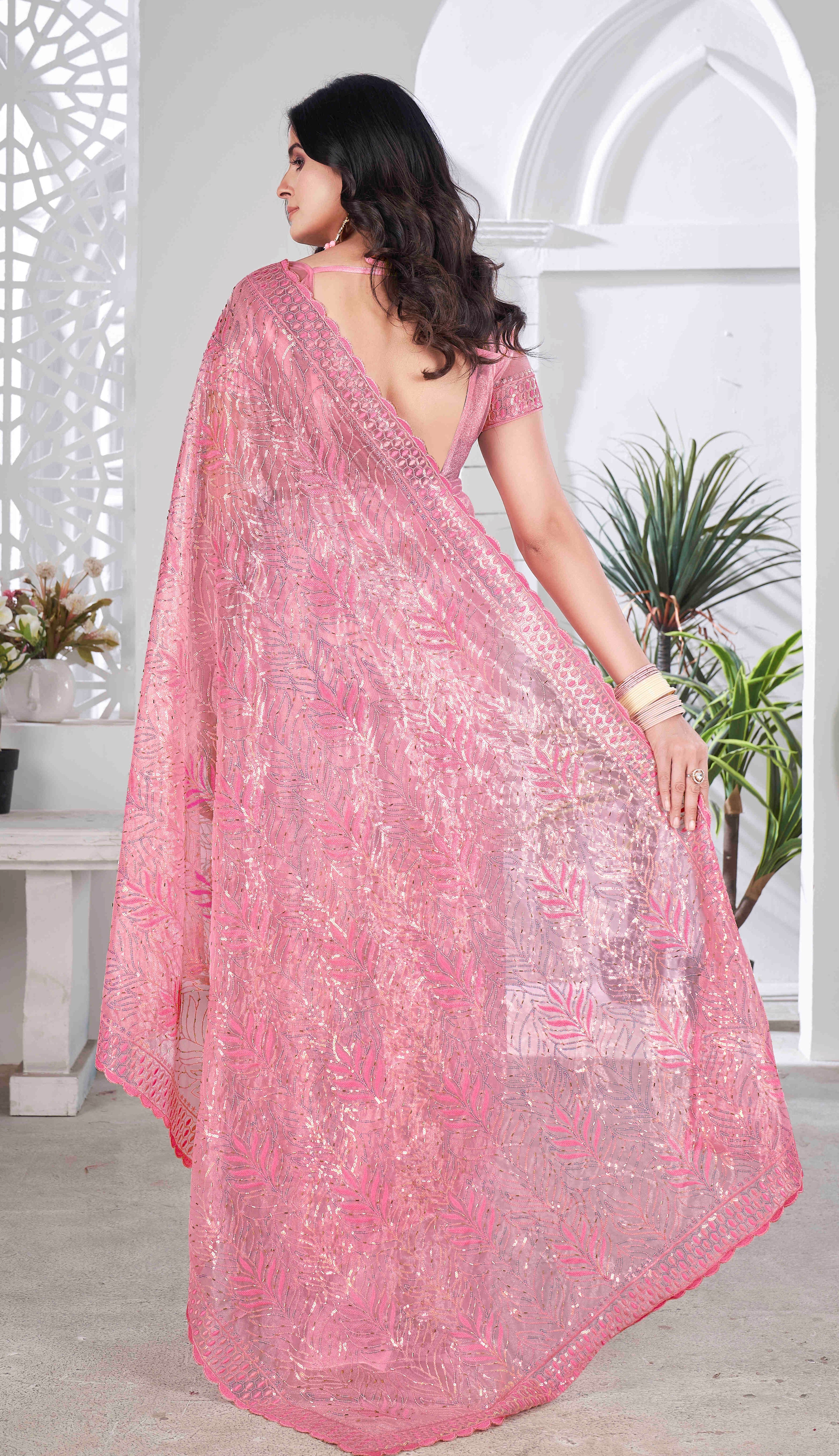 Pink Tissue Net Sequance And Multy Thread Embroidery Saree With Cut Work