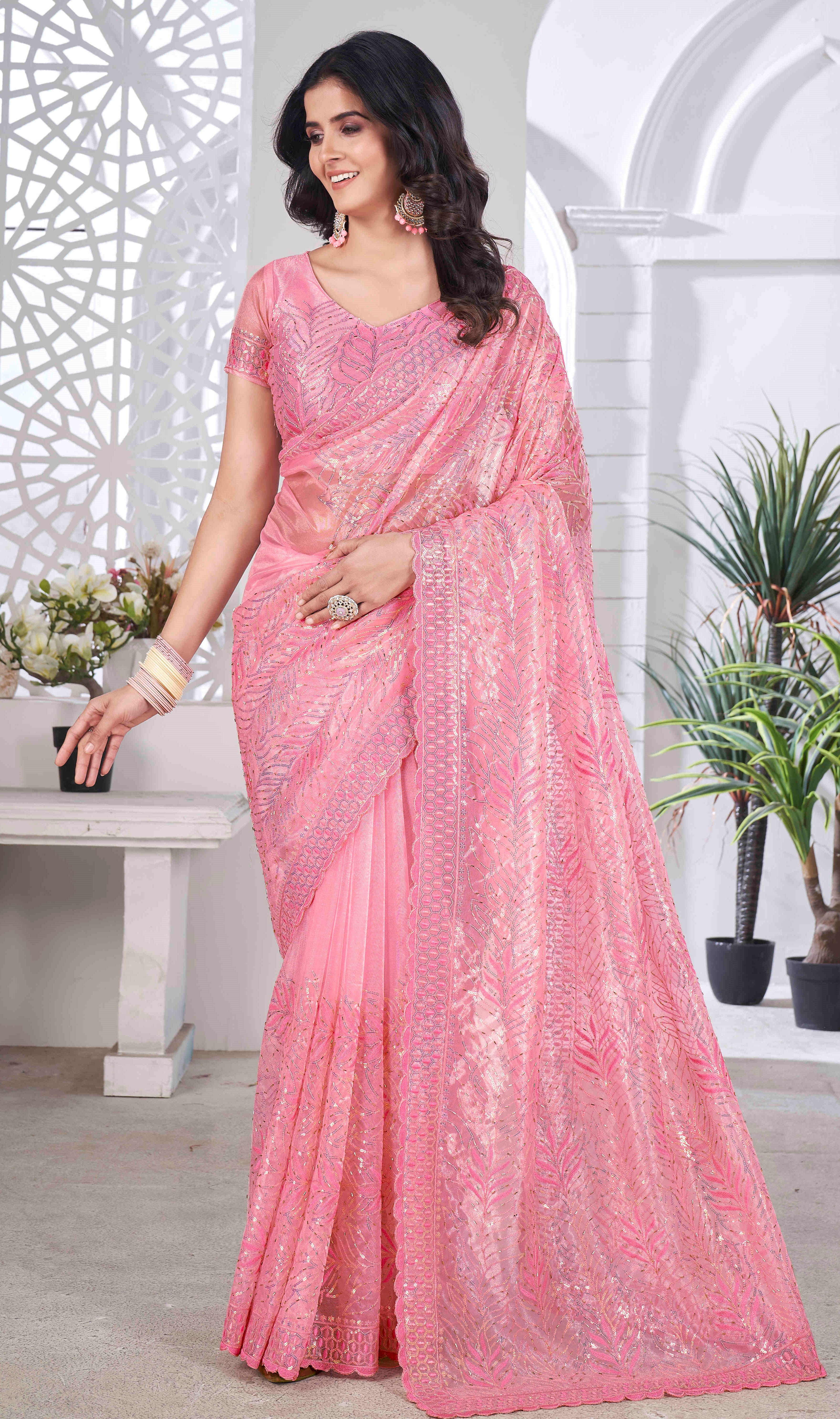 Pink Tissue Net Sequance And Multy Thread Embroidery Saree With Cut Work