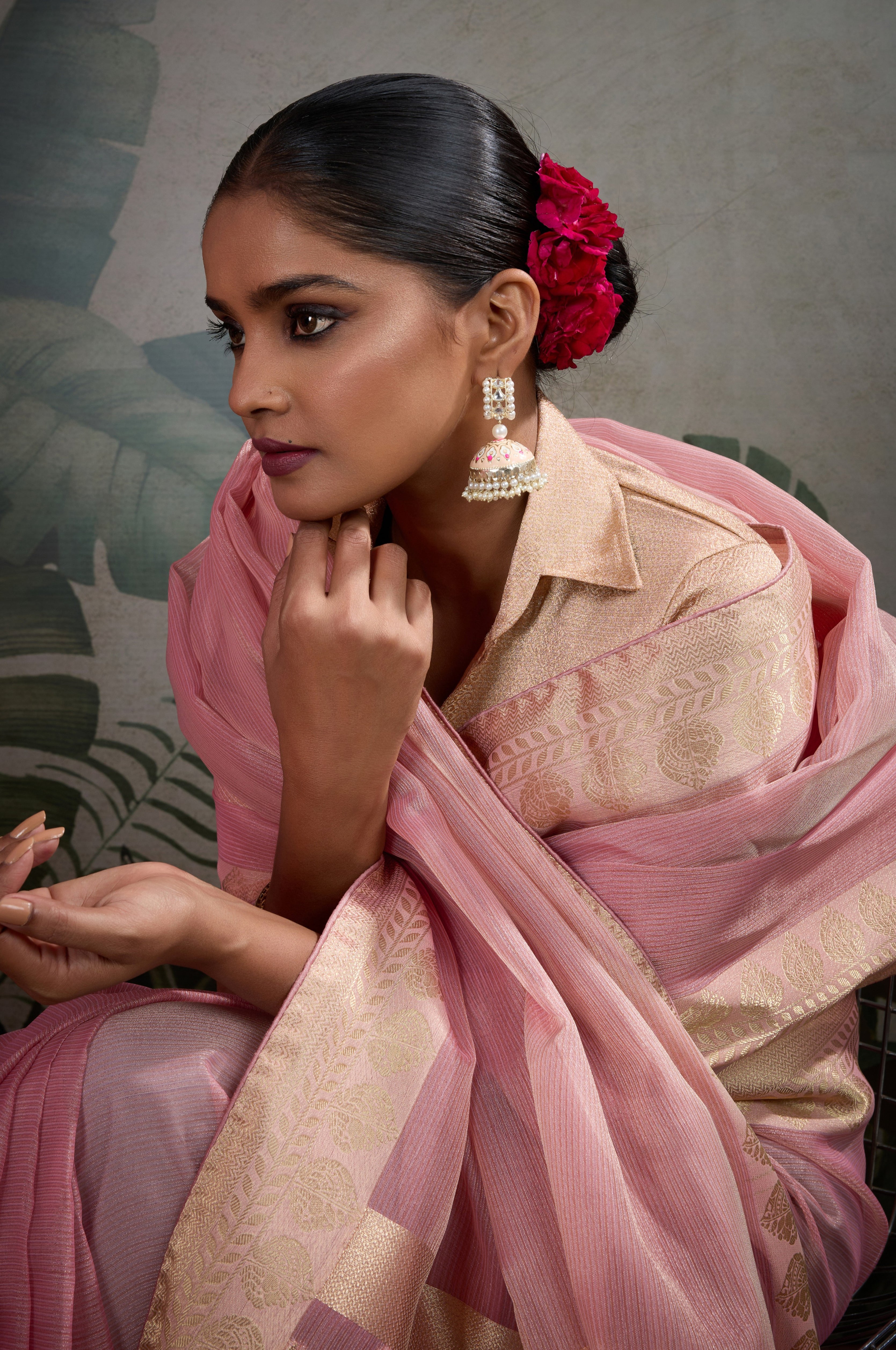 Pink Tissue Saree with Woven Patta Work