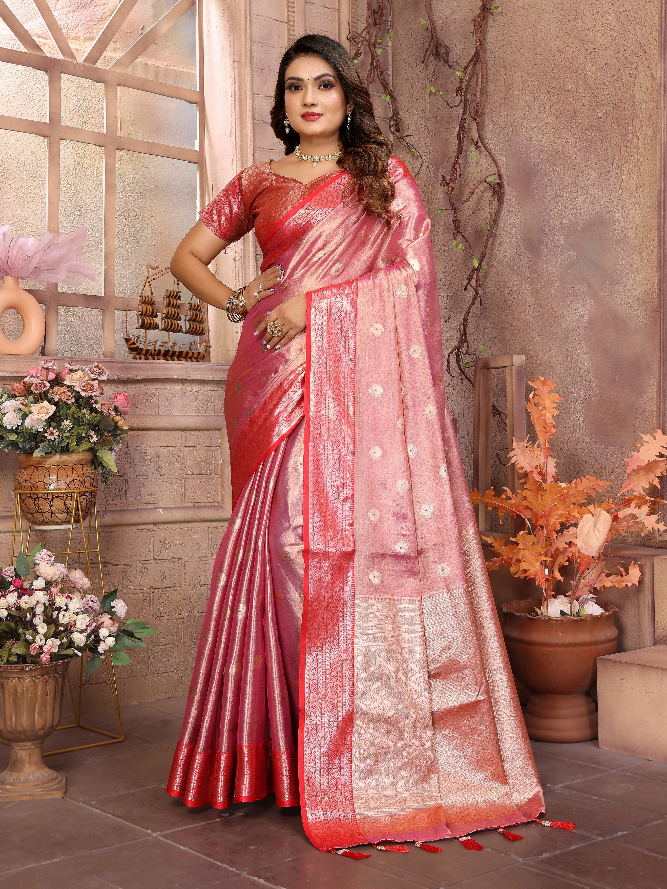 Pink Tissue Silk Ethnic Saree With Woven Handloom Designer
