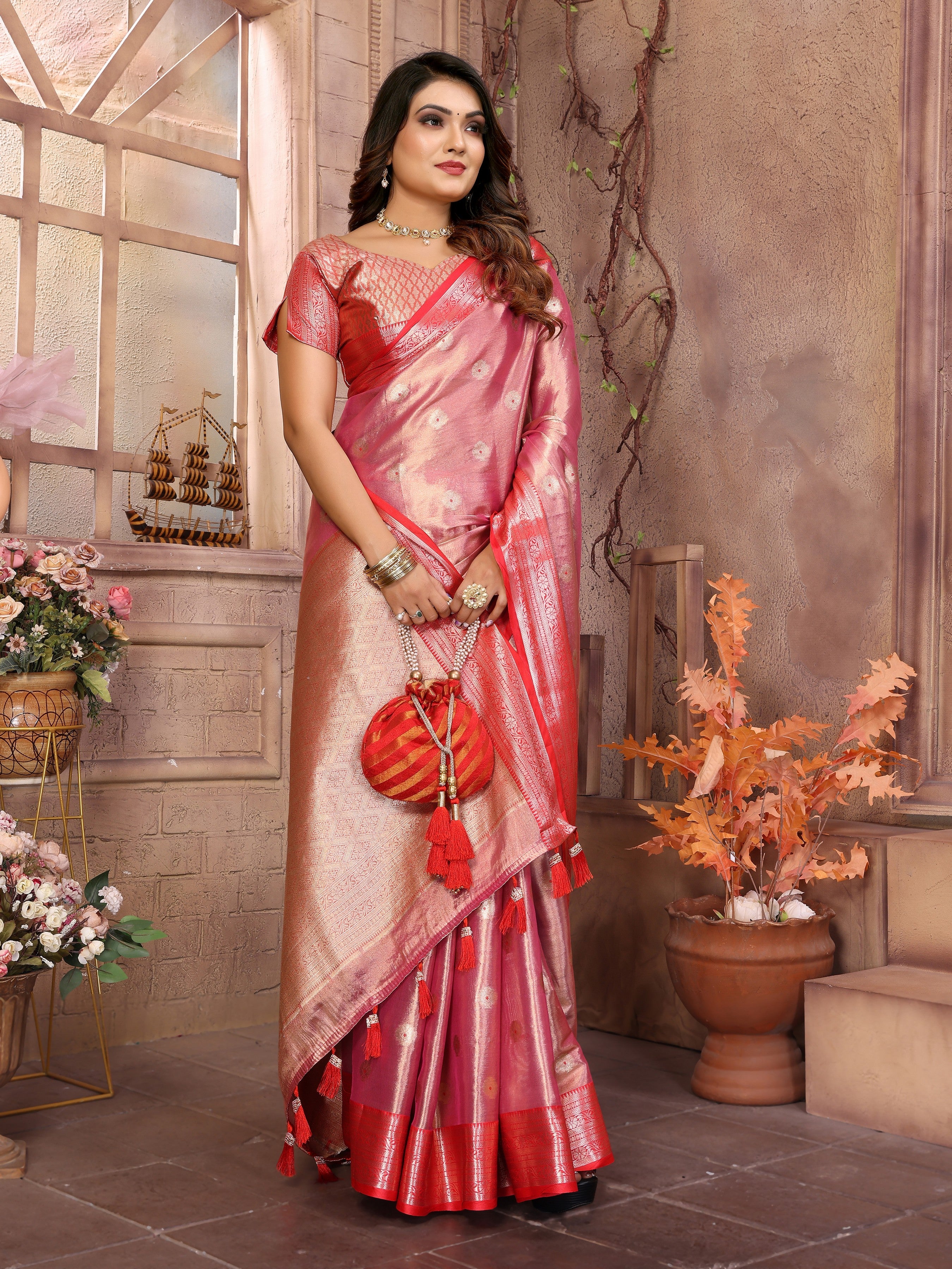 Pink Tissue Silk Ethnic Saree With Woven Handloom Designer