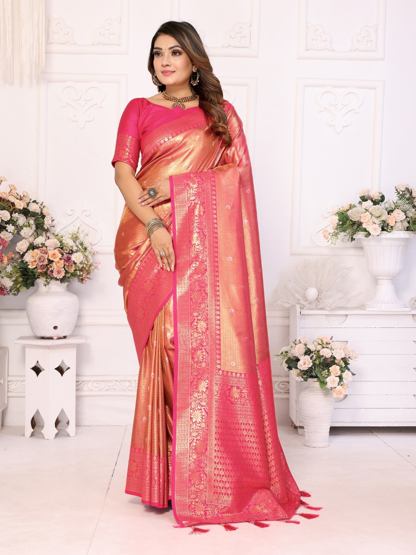 Pink Tissue Silk Saree With Classic Weaving