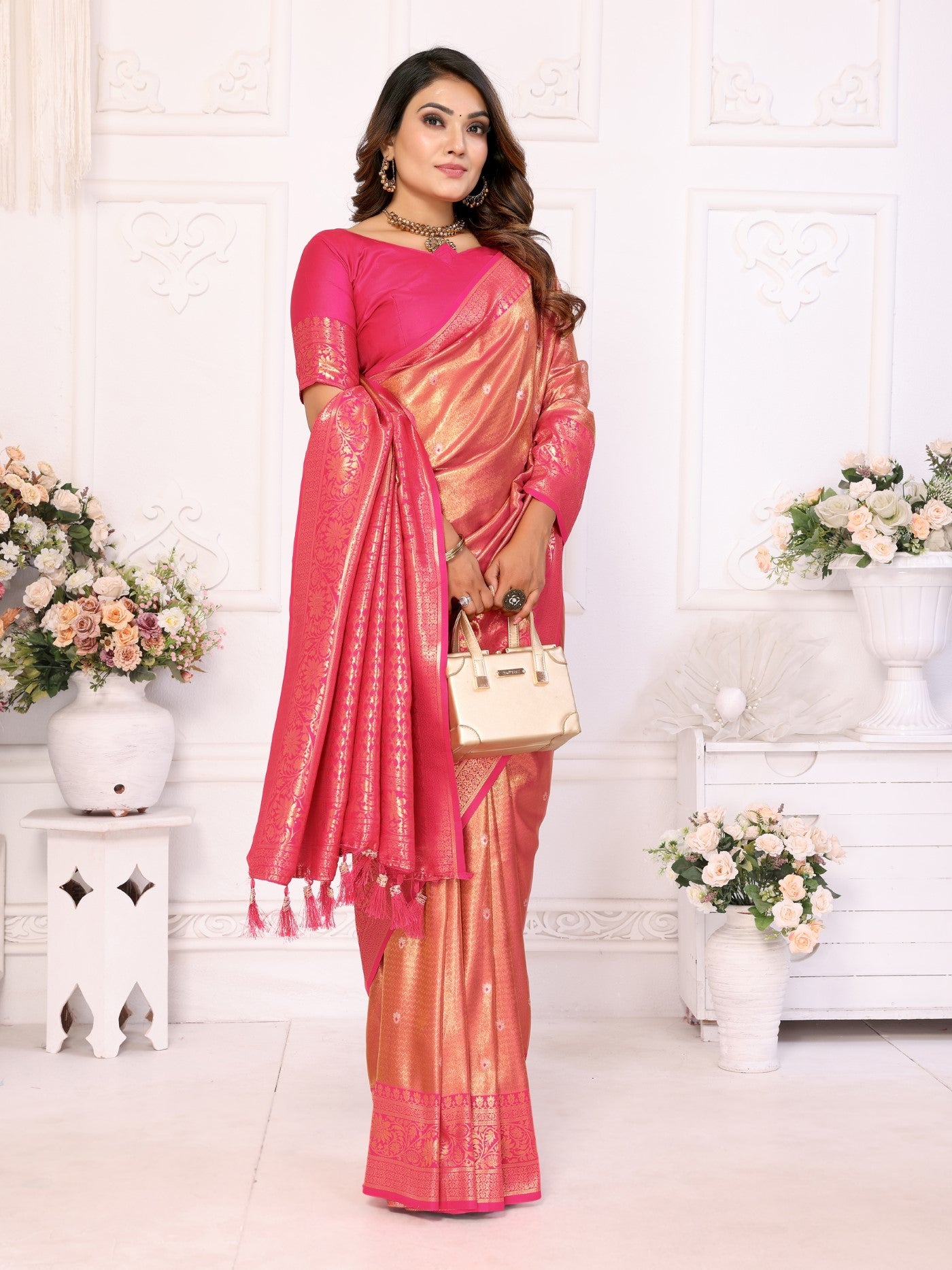 Pink Tissue Silk Saree With Classic Weaving