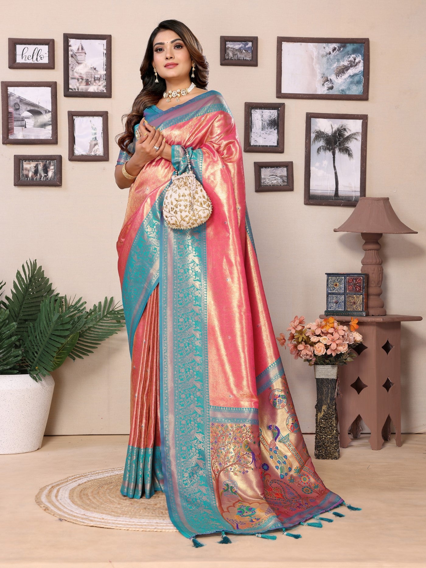 Pink Tissue Silk Saree With Classic Weaving