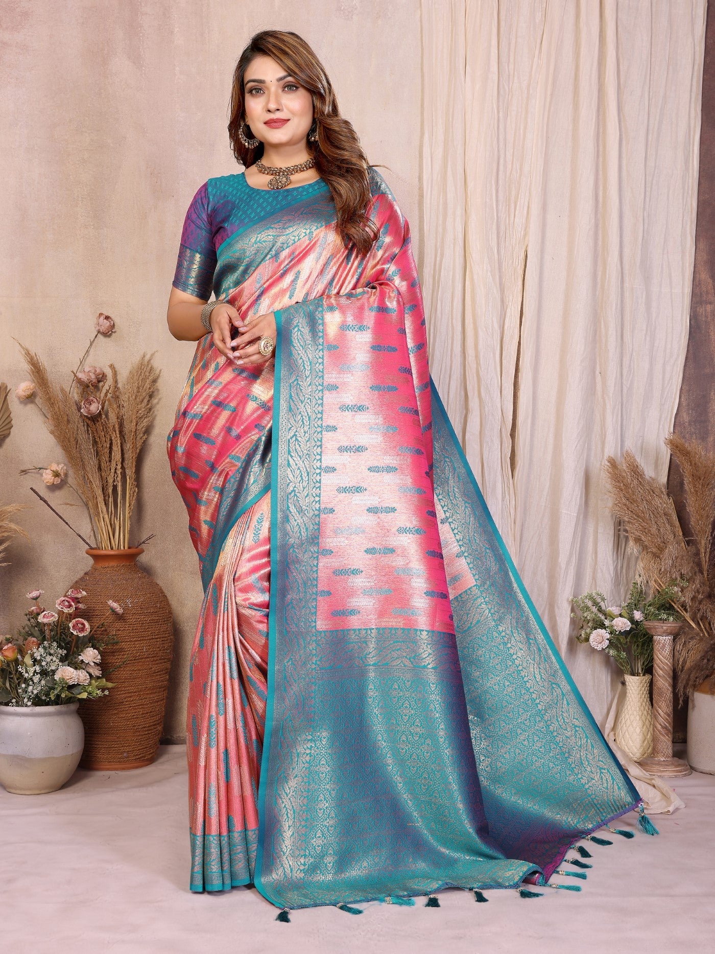 Pink Tissue Silk Saree With Paithani Woven
