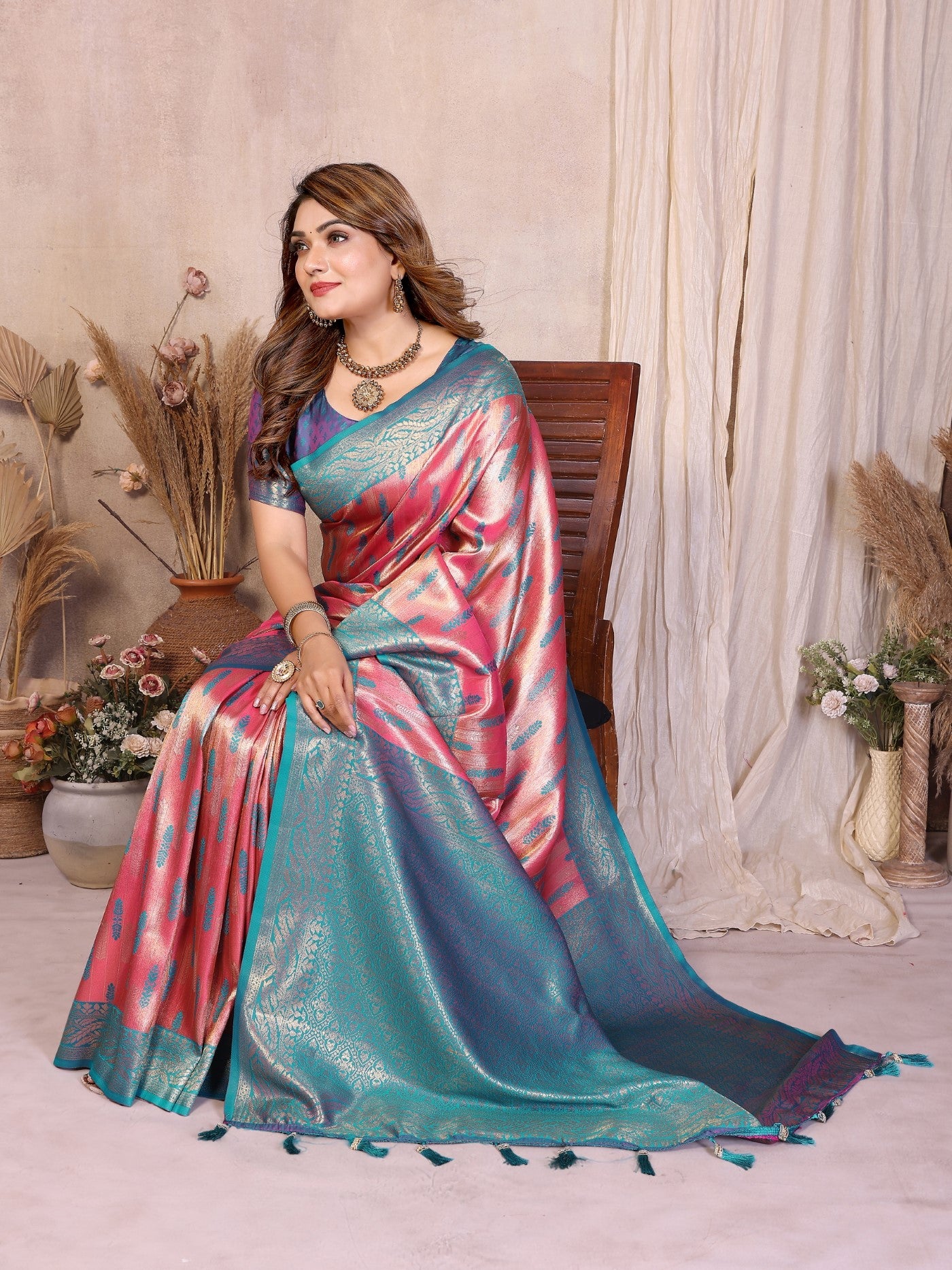 Pink Tissue Silk Saree With Paithani Woven