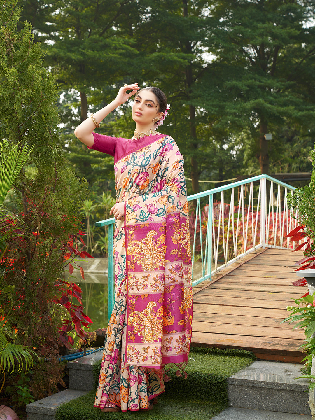 Pink Tussar Silk Designer Kalamkari Printed Traditional Ethnic Indian Saree