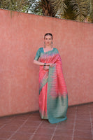 Pink Tussar Silk Saree with Ethnic Motifs and Contrast Pallu