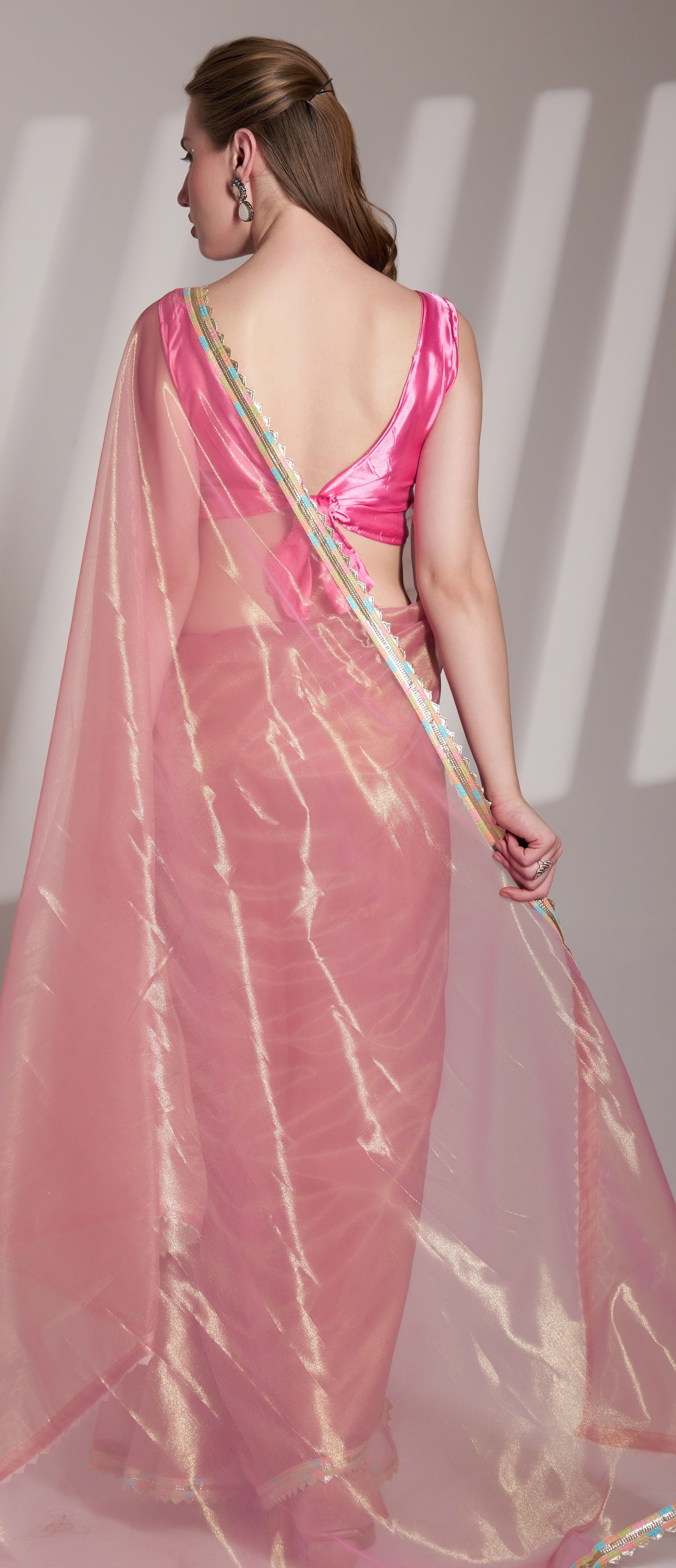 Pink Twill Net Solid Fancy Designer Bollywood Style Saree