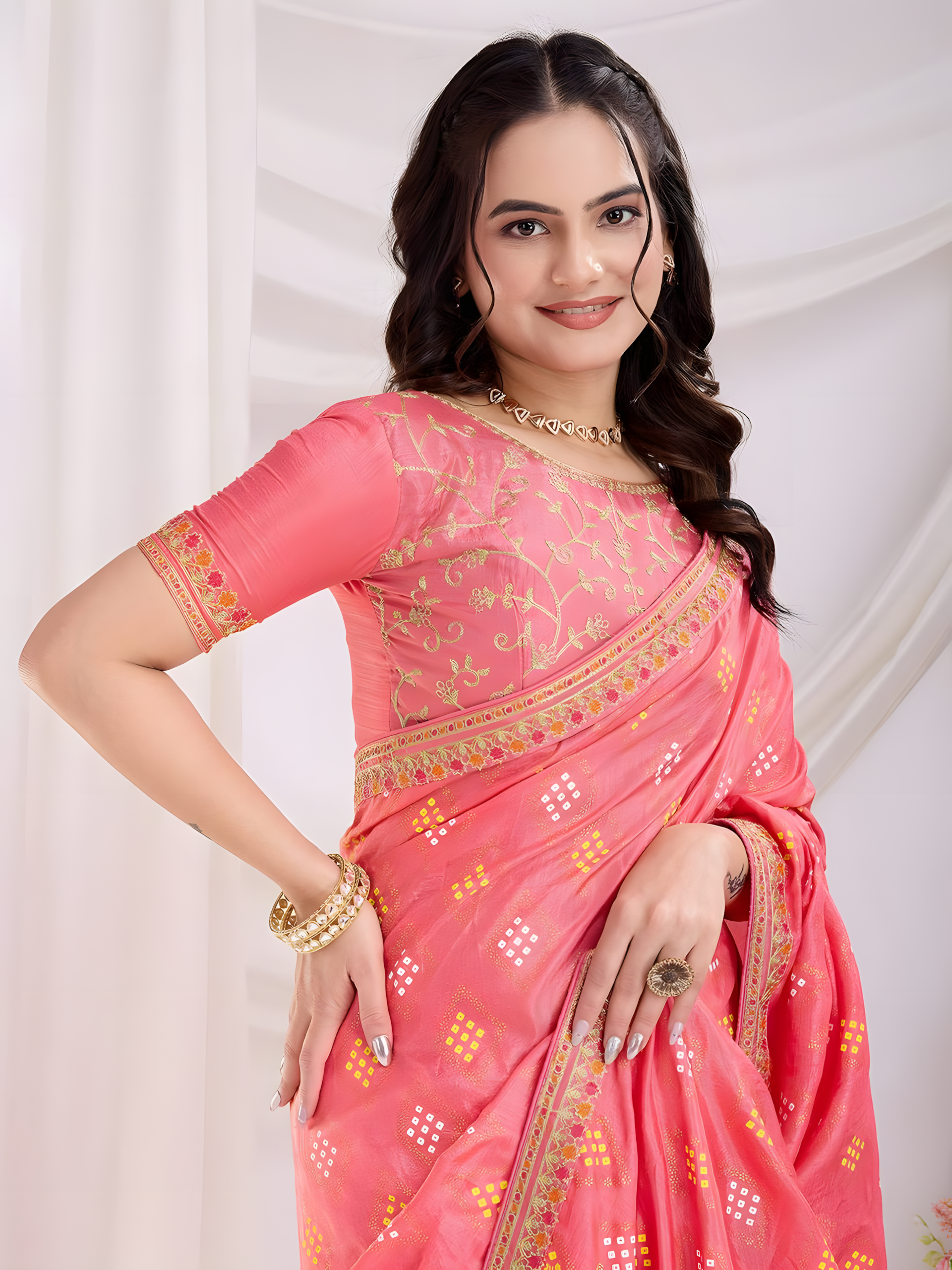 Pink Vichitra silk  Saree with Golden Foil  bandhani print with embroidery work lace