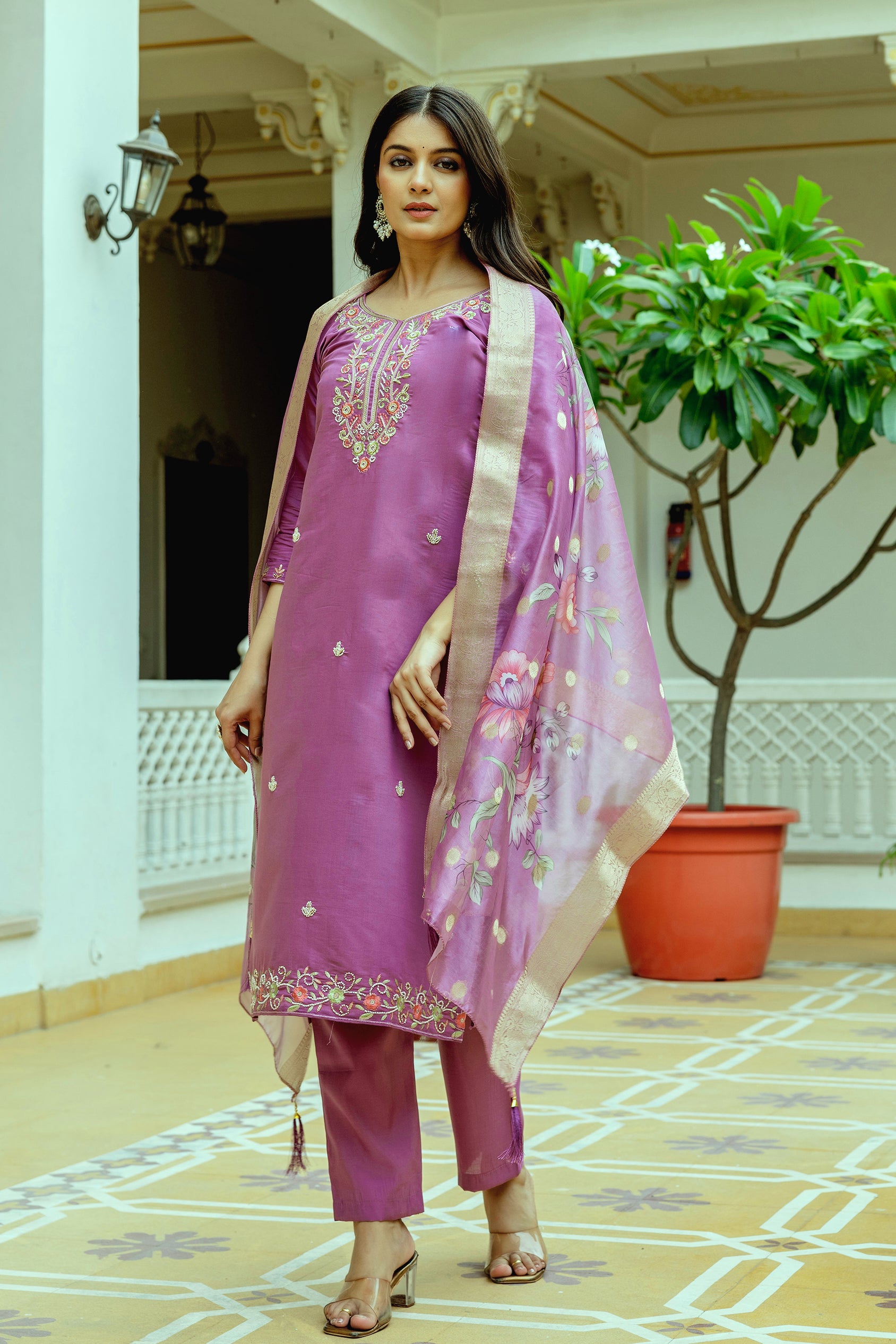 Pink Viscose Chanderi Silk Kurta Pant Set With Thread Embroidered With Beads Work With Printed Dupatta