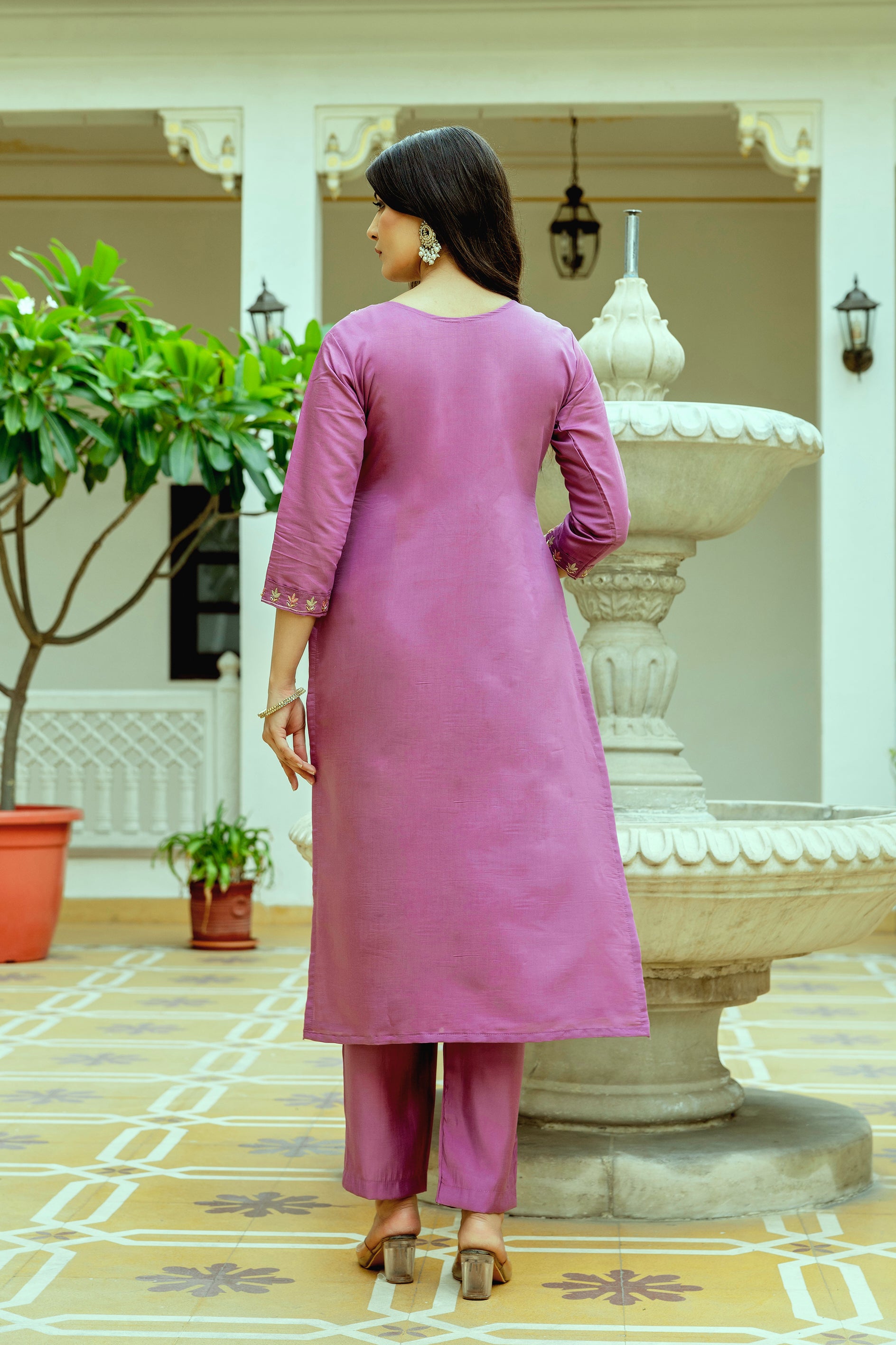 Pink Viscose Chanderi Silk Kurta Pant Set With Thread Embroidered With Beads Work With Printed Dupatta