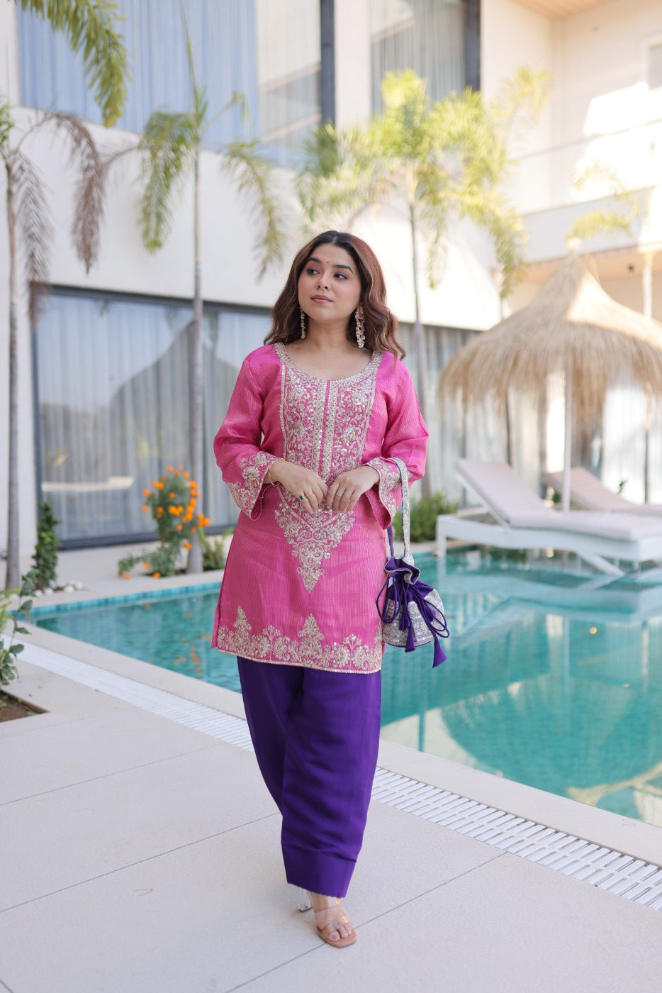 Pink Viscose Designer Suit Set With Sequin & Zari Embroidery