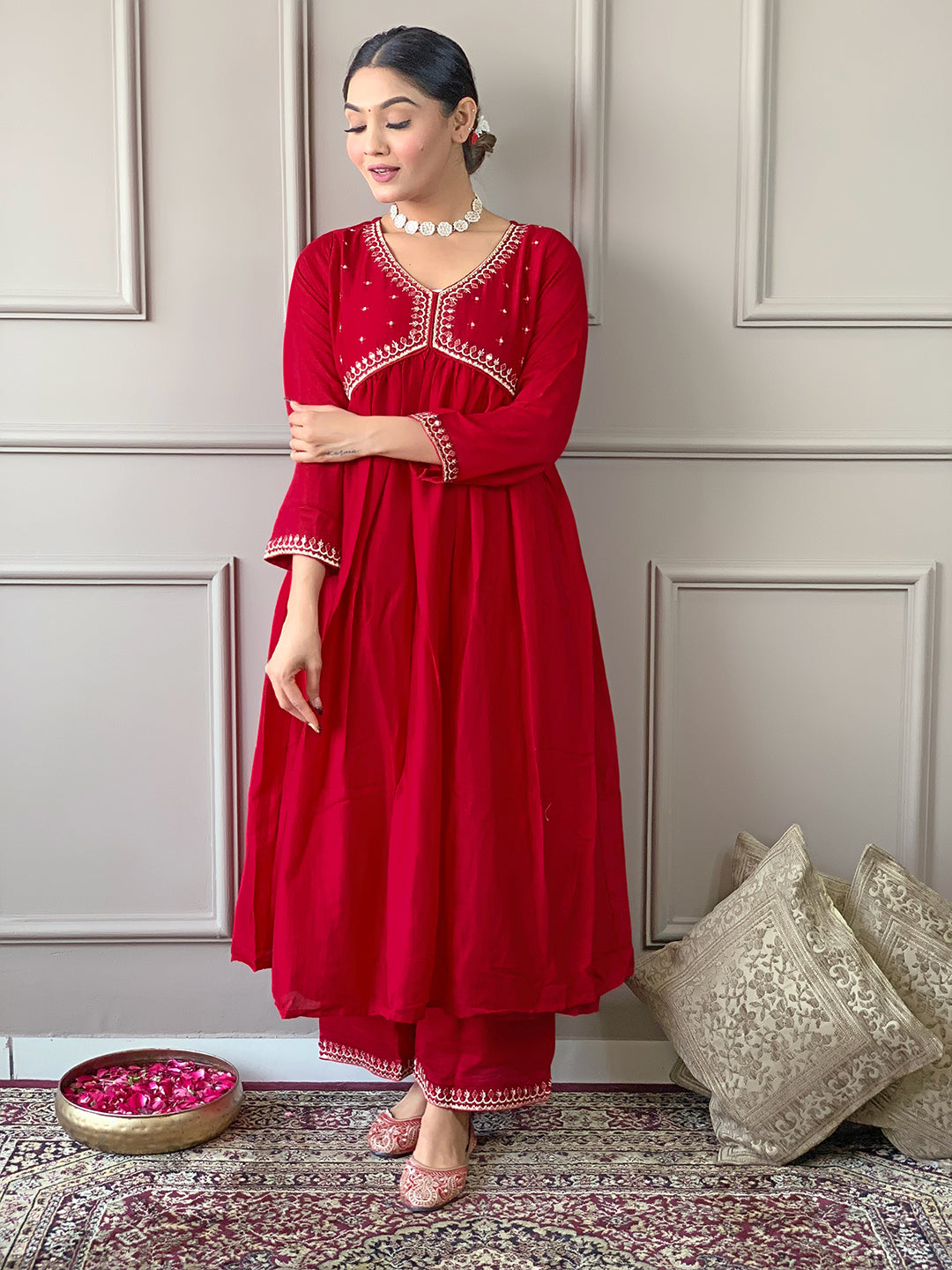 Pink Viscose Elegant Kurta Pant Set With Embroidery Work