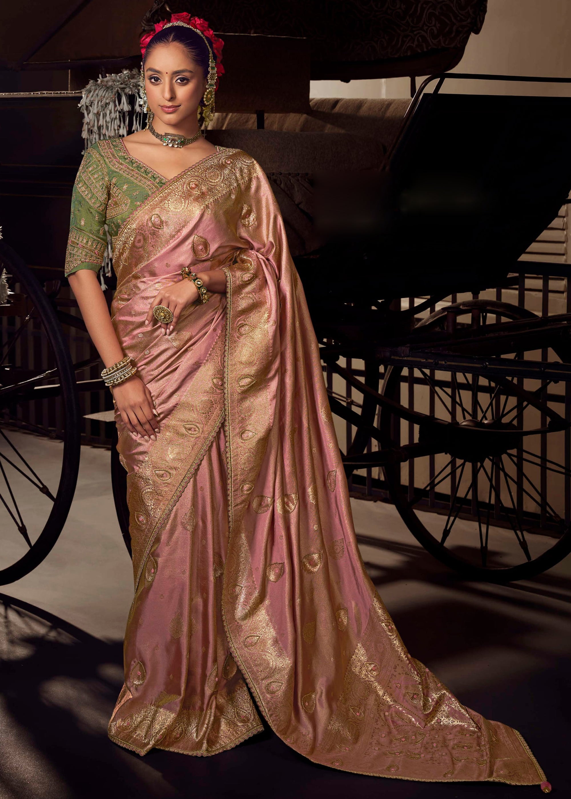 Pink Viscose Tissue Saree with Hand Work and Embroidered Blouse