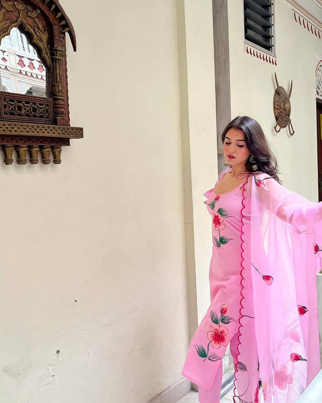 Pink Viscose Twill Kurta Pant Set  Printed