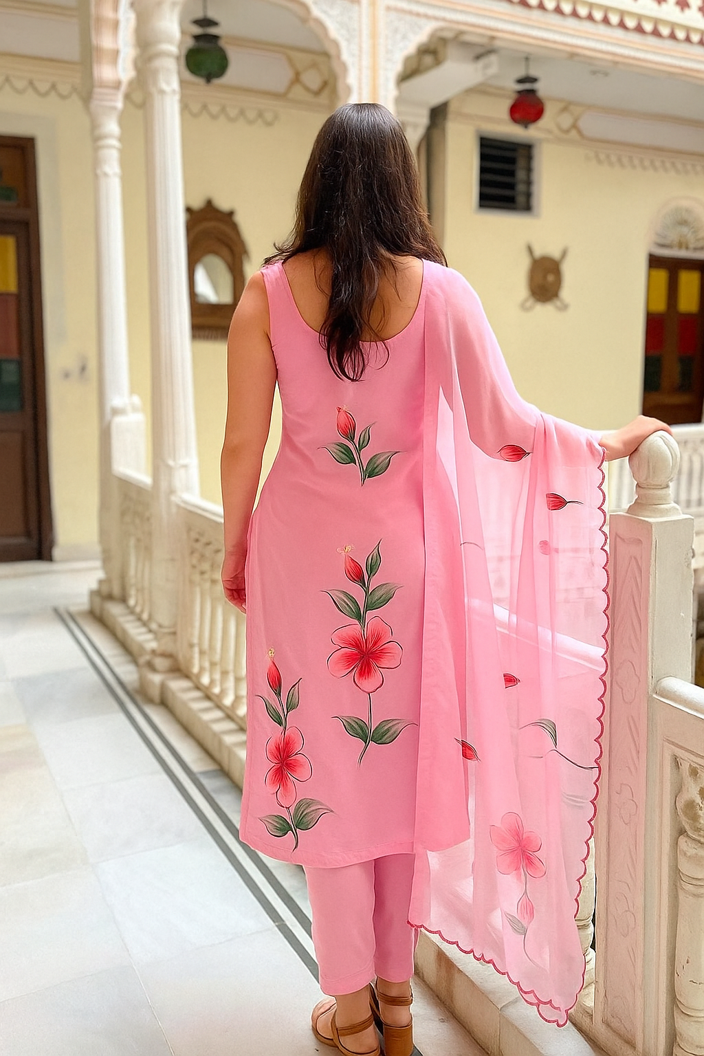 Pink Viscose Twill Kurta Pant Set  Printed