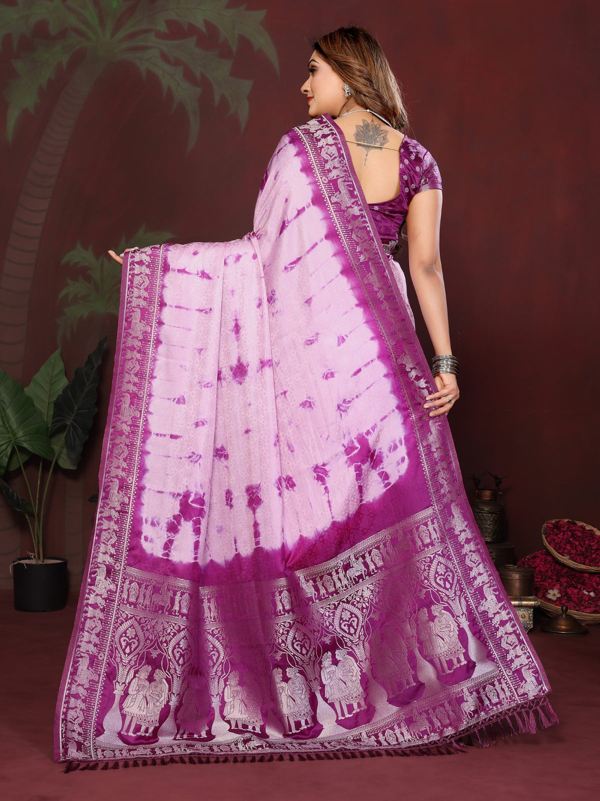 Pink Wine Soft Satin Silk Saree With Sibory Zari Weaving