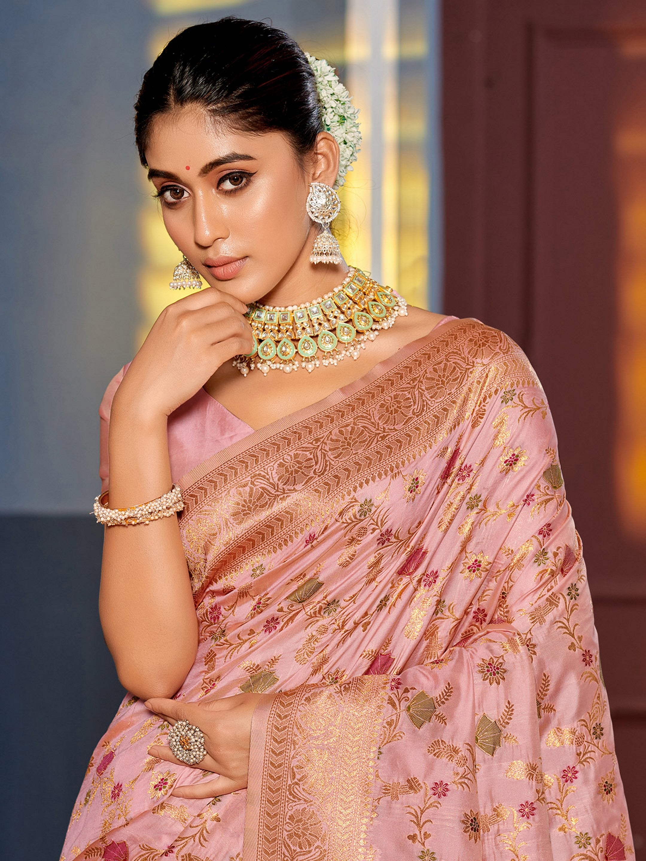 Pink Woven Jacquard Designer Banarasi Silk Saree For Ethnic Indian Looks