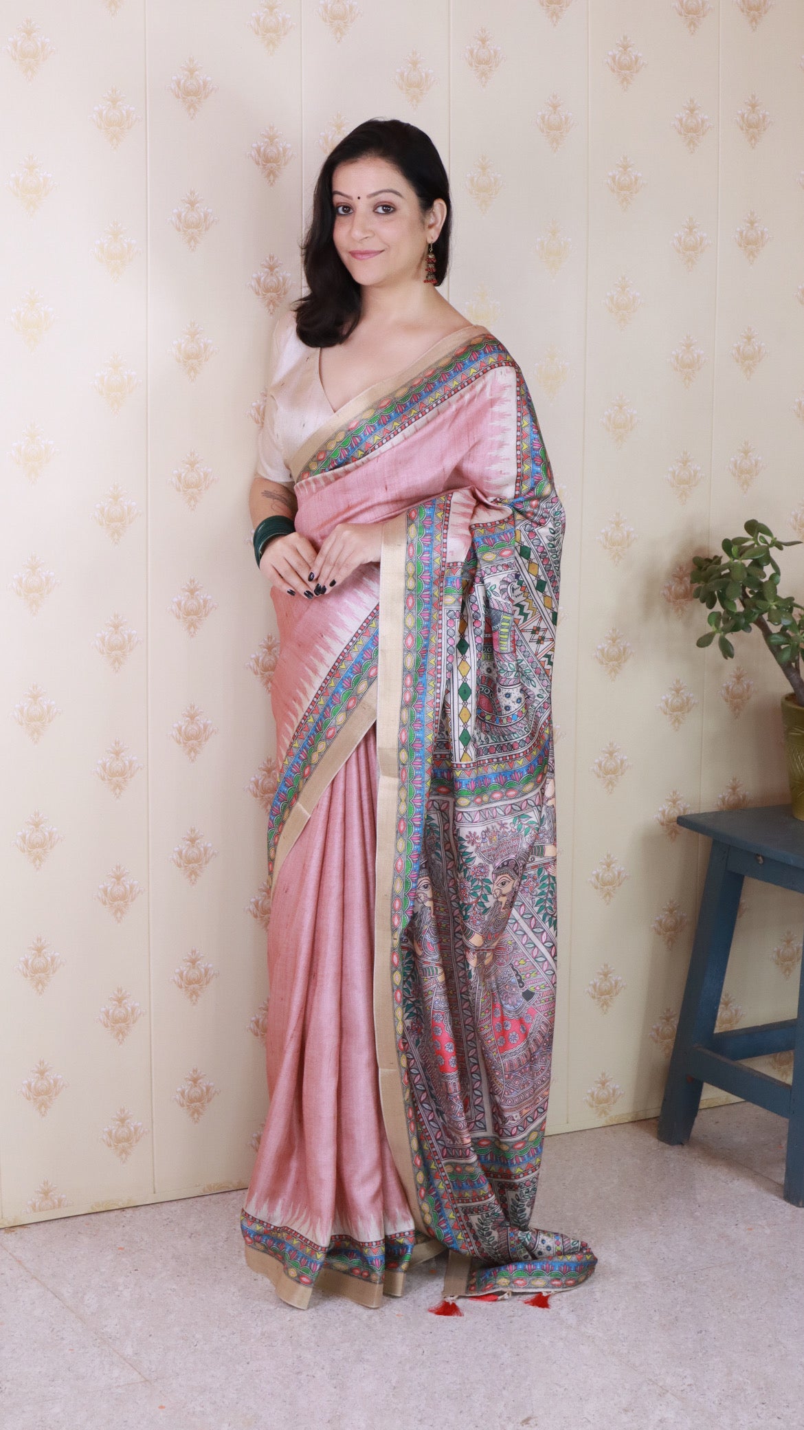 Pink Woven Jari Border Designer Madhubani Digital Printed Ethnic Tussar Silk Saree