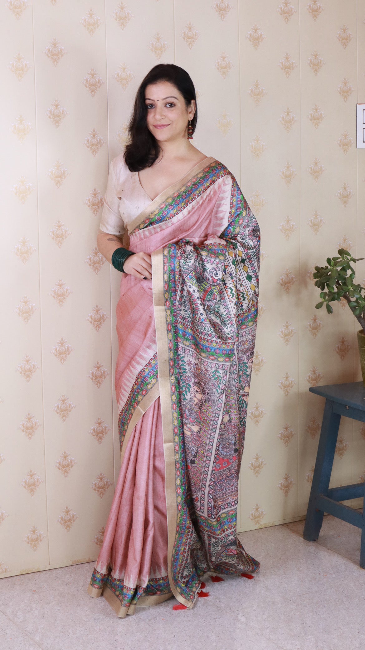 Pink Woven Jari Border Designer Madhubani Digital Printed Ethnic Tussar Silk Saree