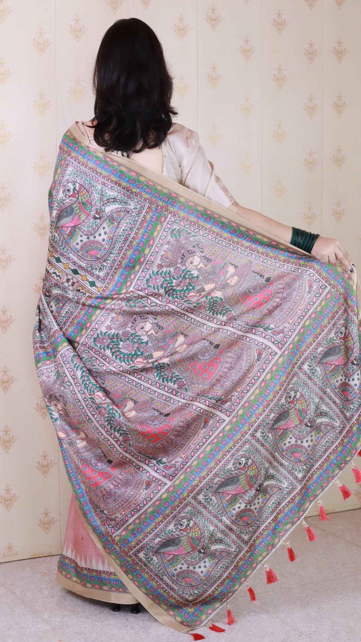 Pink Woven Jari Border Designer Madhubani Digital Printed Ethnic Tussar Silk Saree