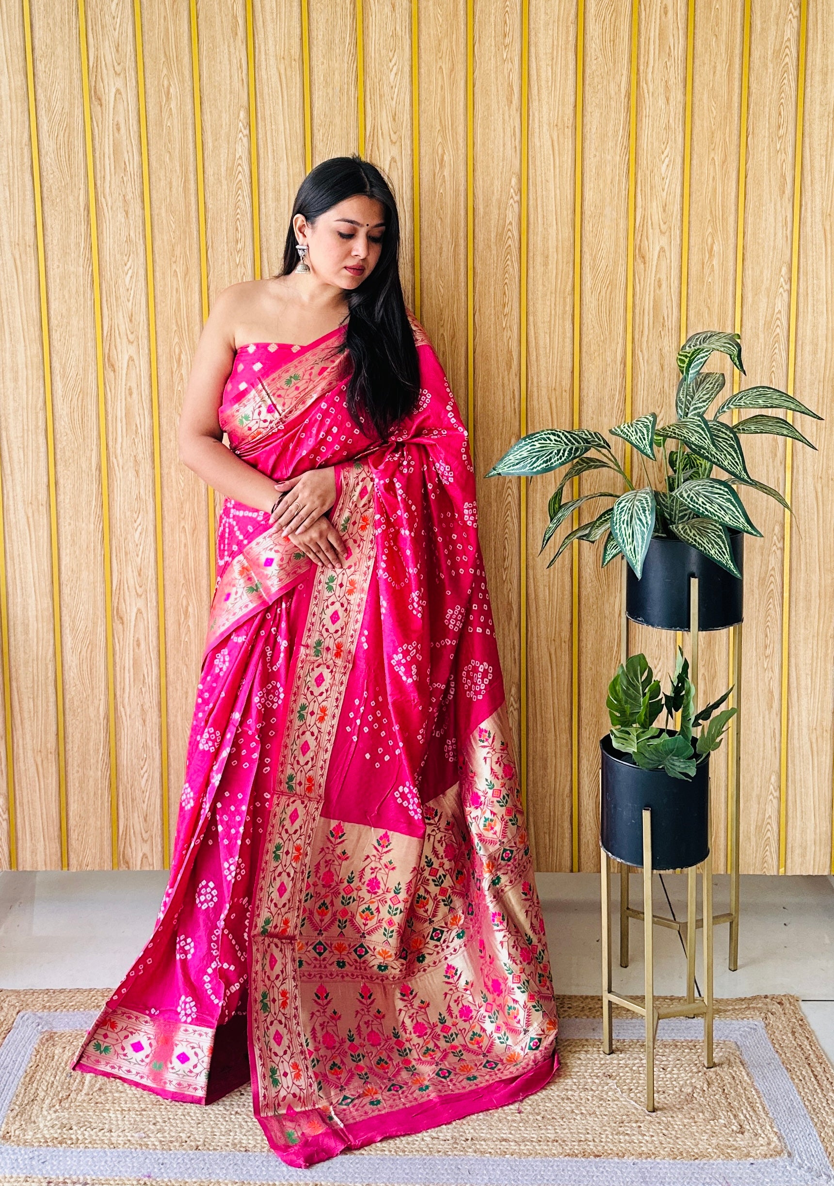 Pink Woven Paithani Designer With Bandhej Printed Beautiful Ceremonial Saree
