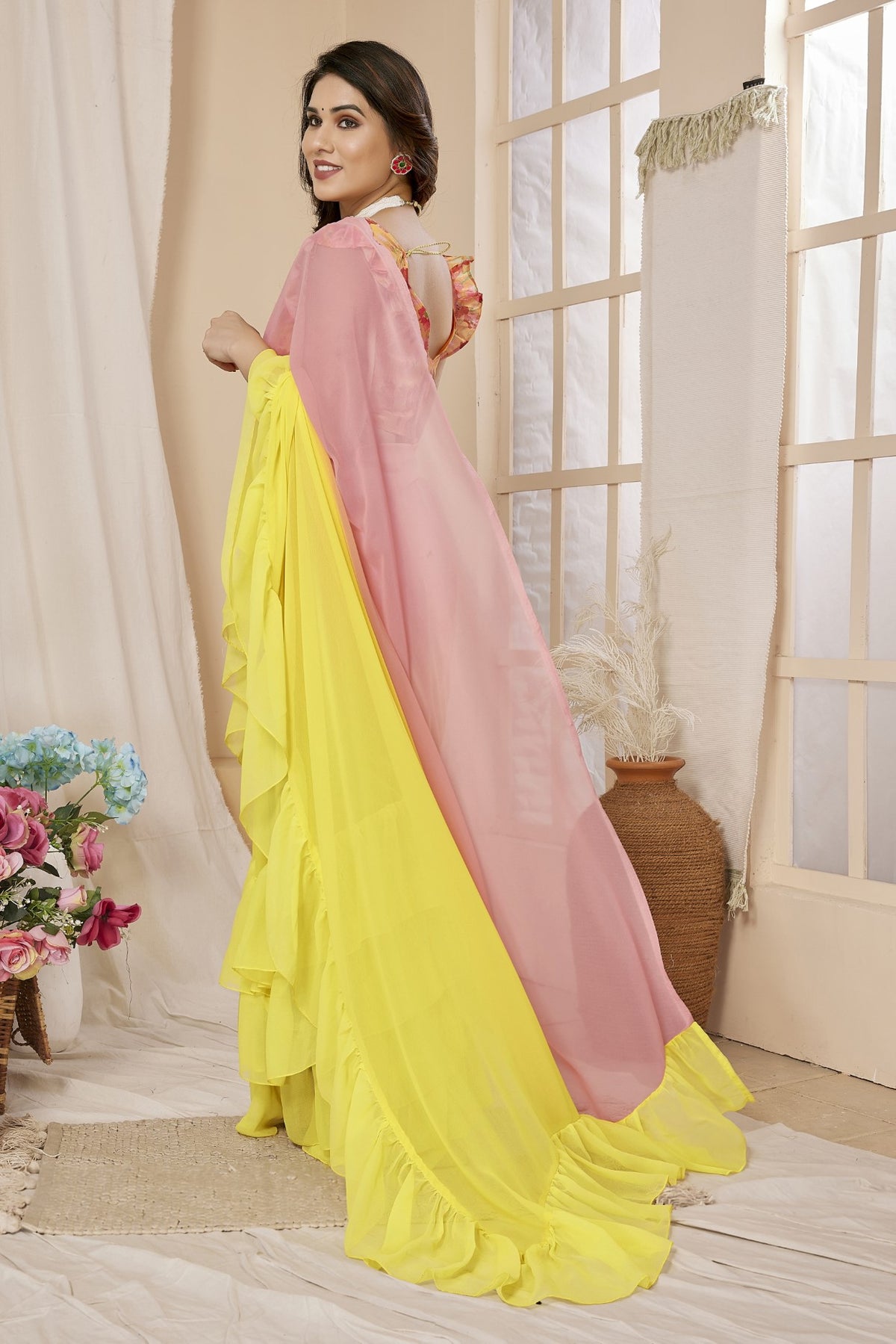 Pink Yellow Georgette Saree With Ruffle Saree With Printed Blouse