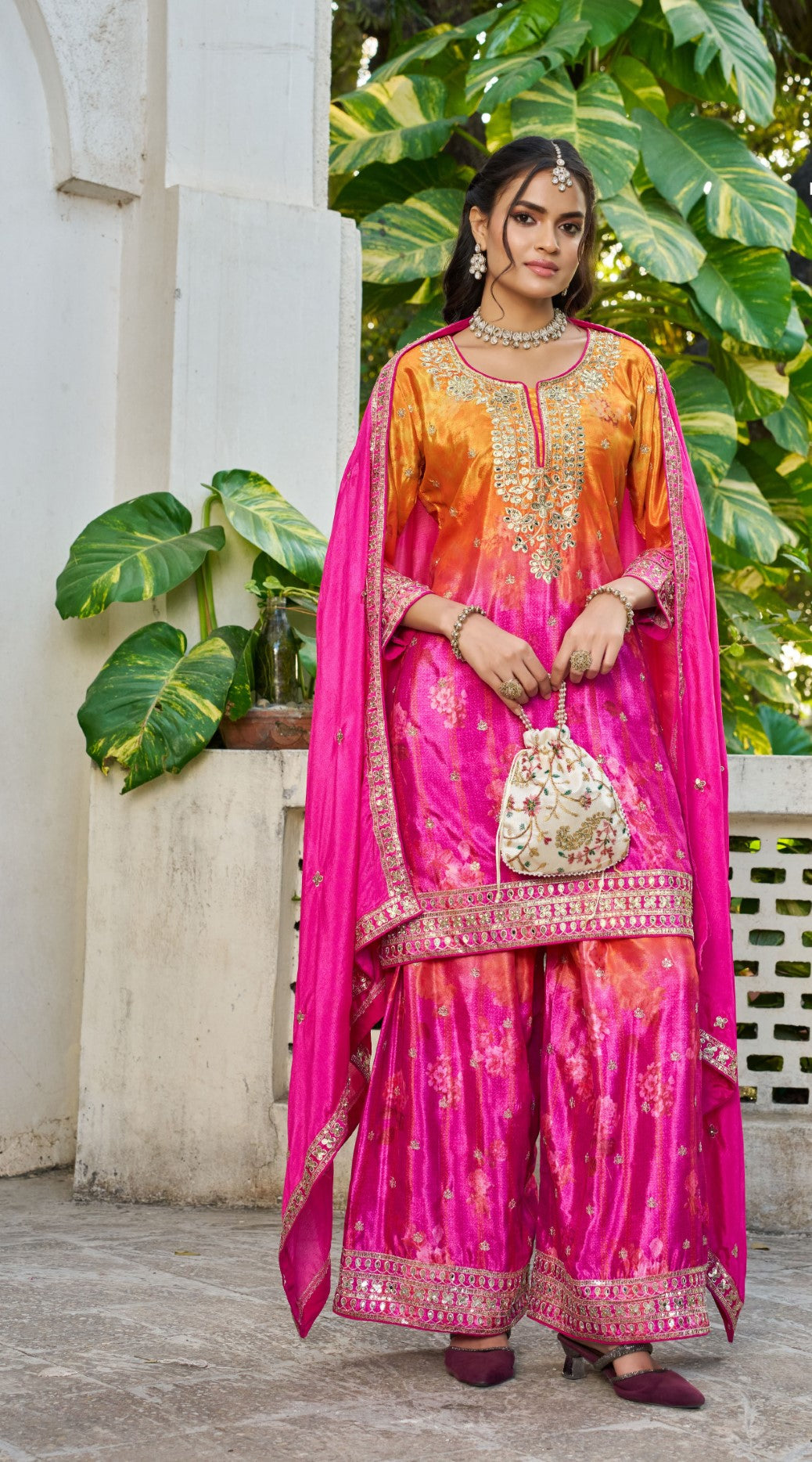 Pink & Magenta Chinon Designer Suit Set With Embroidered Elegance